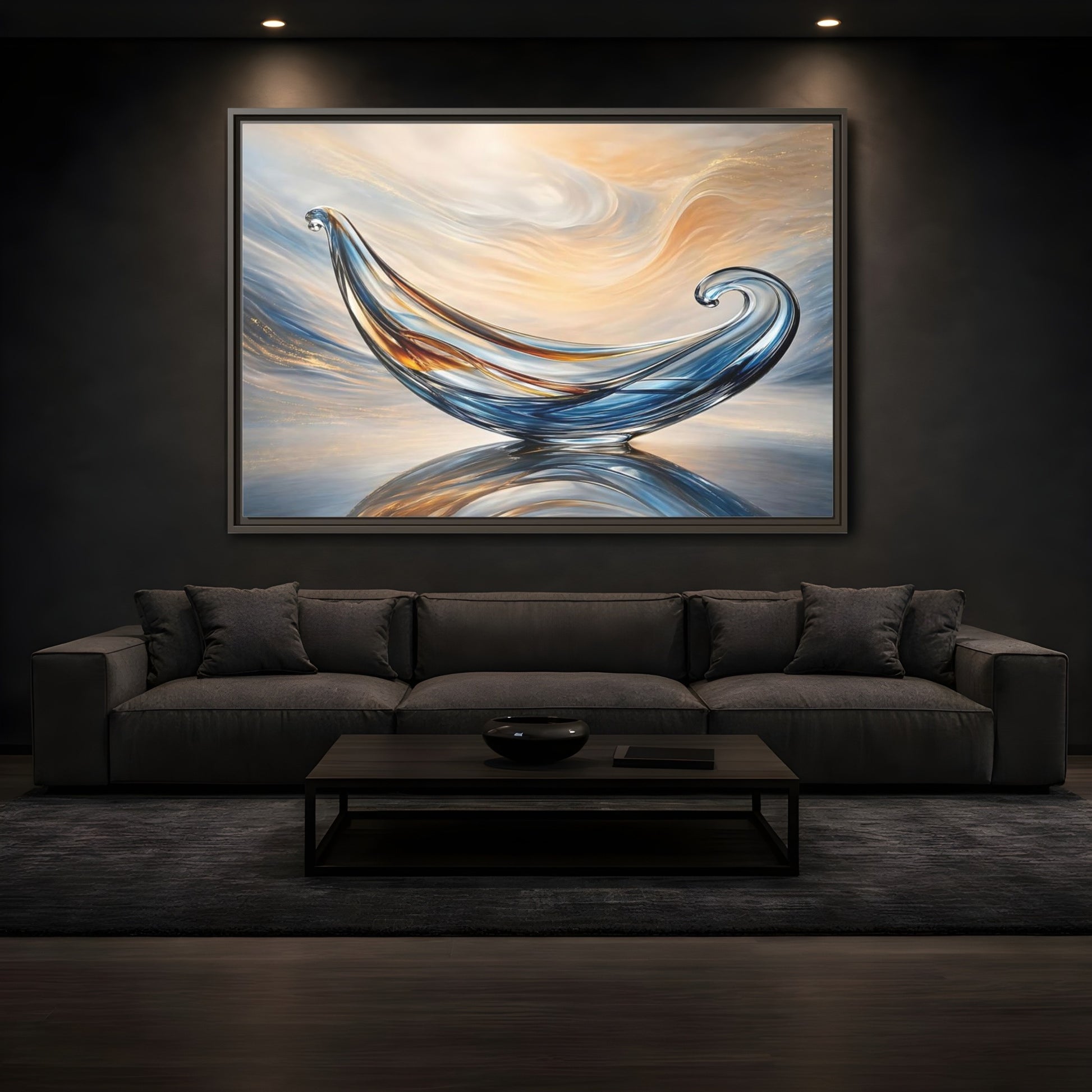 Mockup 3. Abstract Glass Sculpture Blue Gold Glass Art shown as stretched canvas wall art