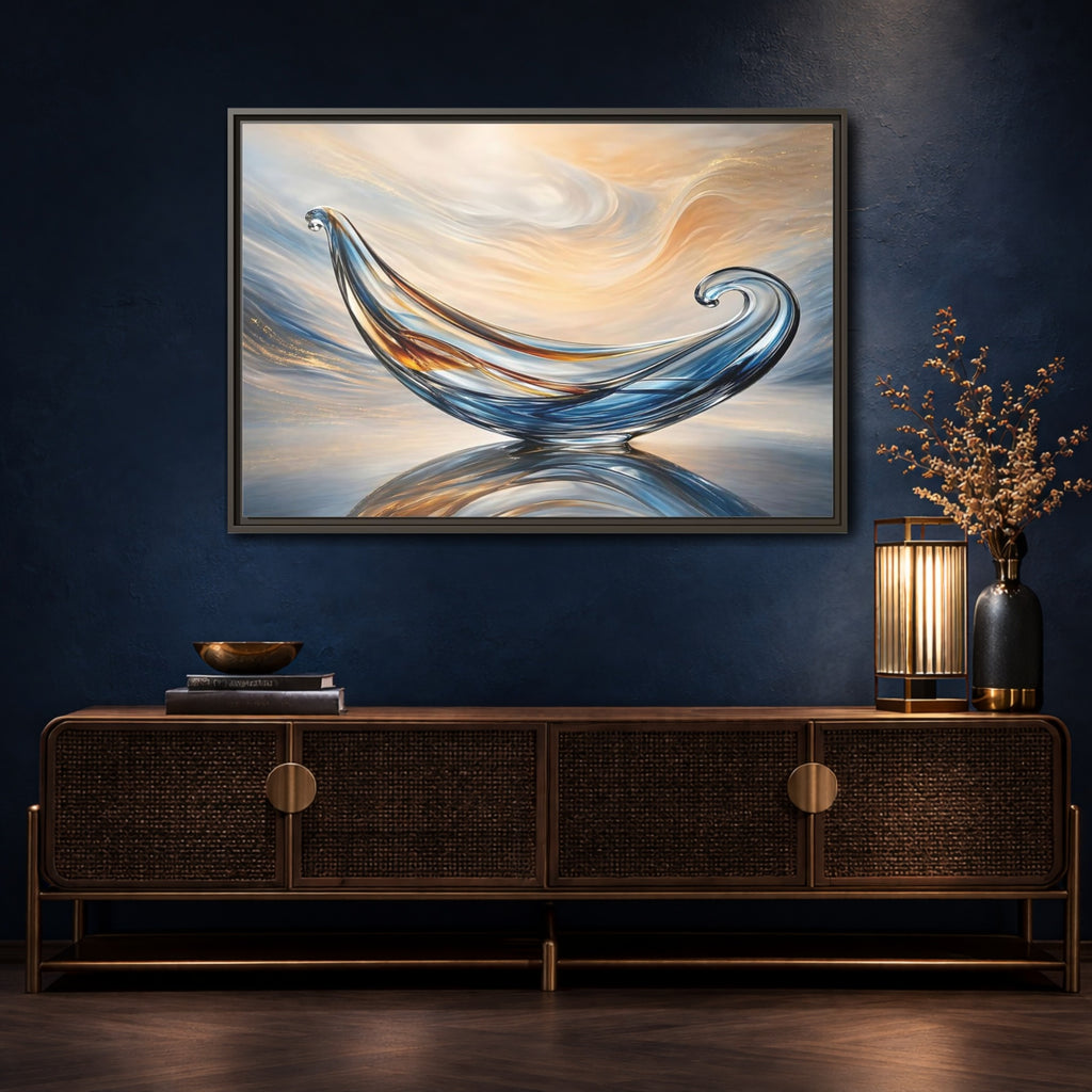 Mockup 4. Abstract Glass Sculpture Blue Gold Glass Art shown as stretched canvas wall art