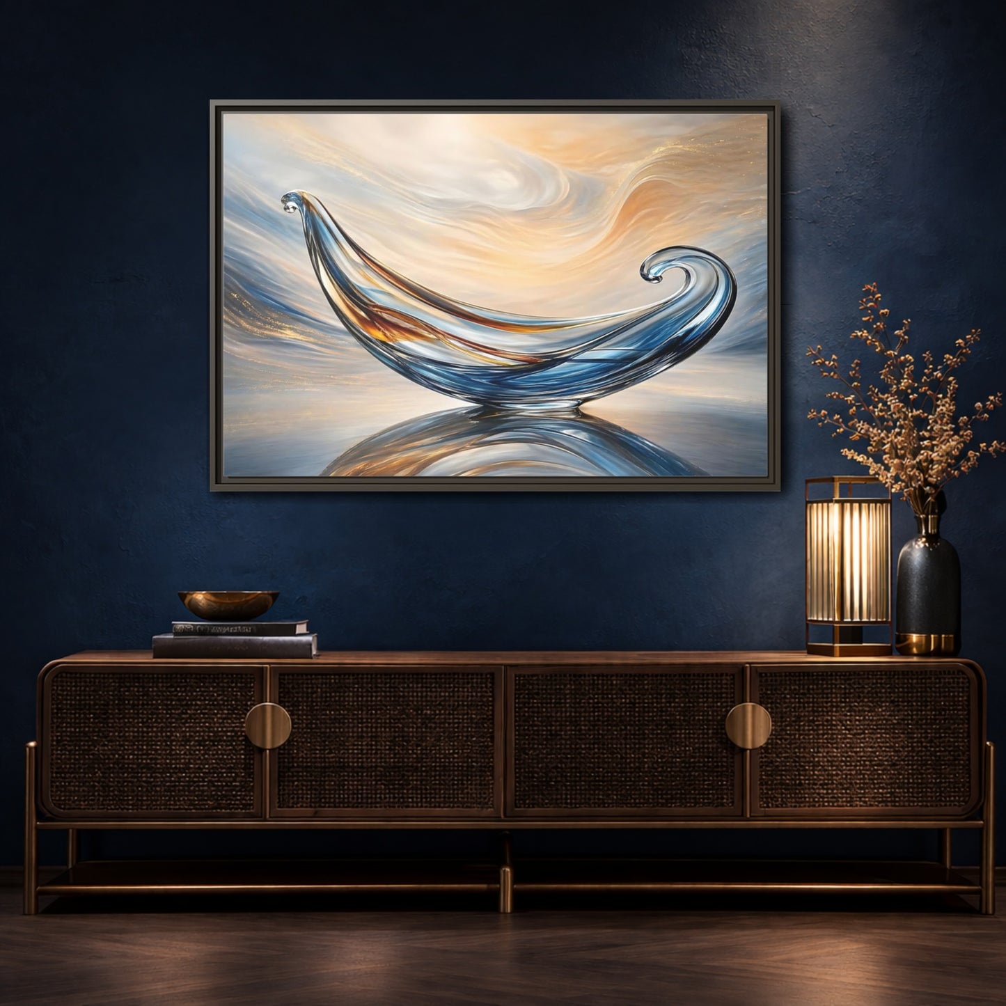 Mockup 4. Abstract Glass Sculpture Blue Gold Glass Art shown as stretched canvas wall art