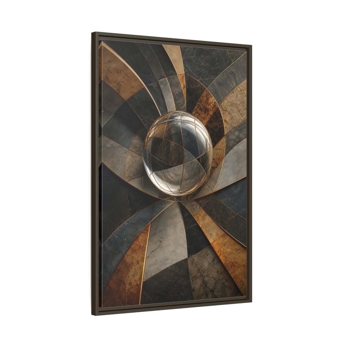 Main Mockup. Abstract Glass Sphere Bronze And Grey shown as stretched canvas wall art