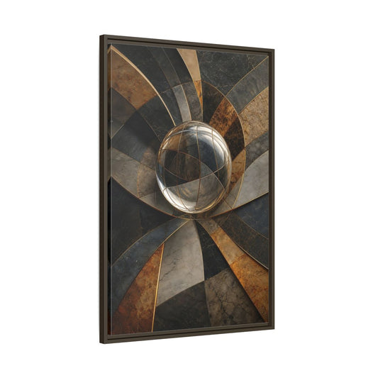 Main Mockup. Abstract Glass Sphere Bronze And Grey shown as stretched canvas wall art