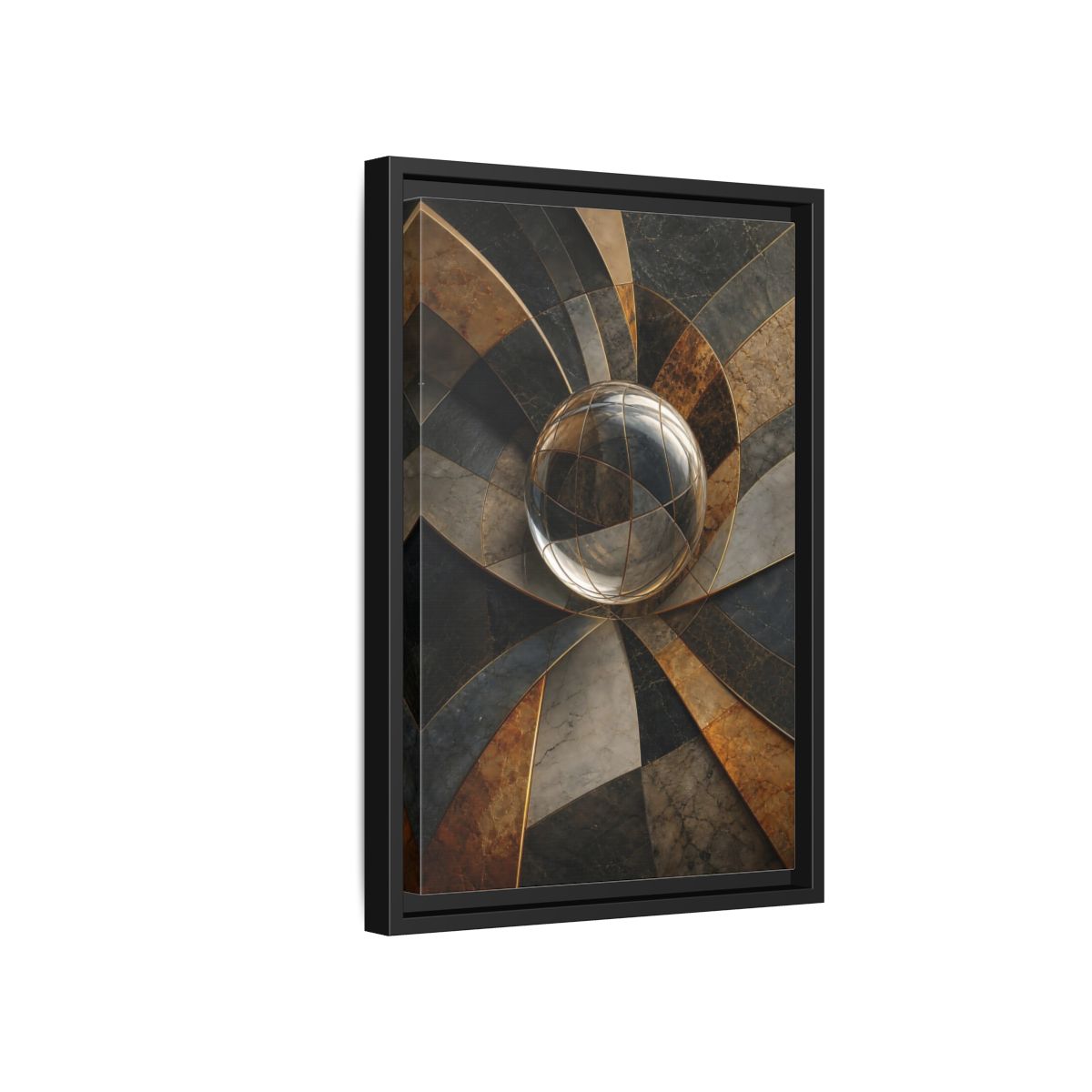 Side Mockup 6. Abstract Glass Sphere Bronze And Grey shown as stretched canvas wall art