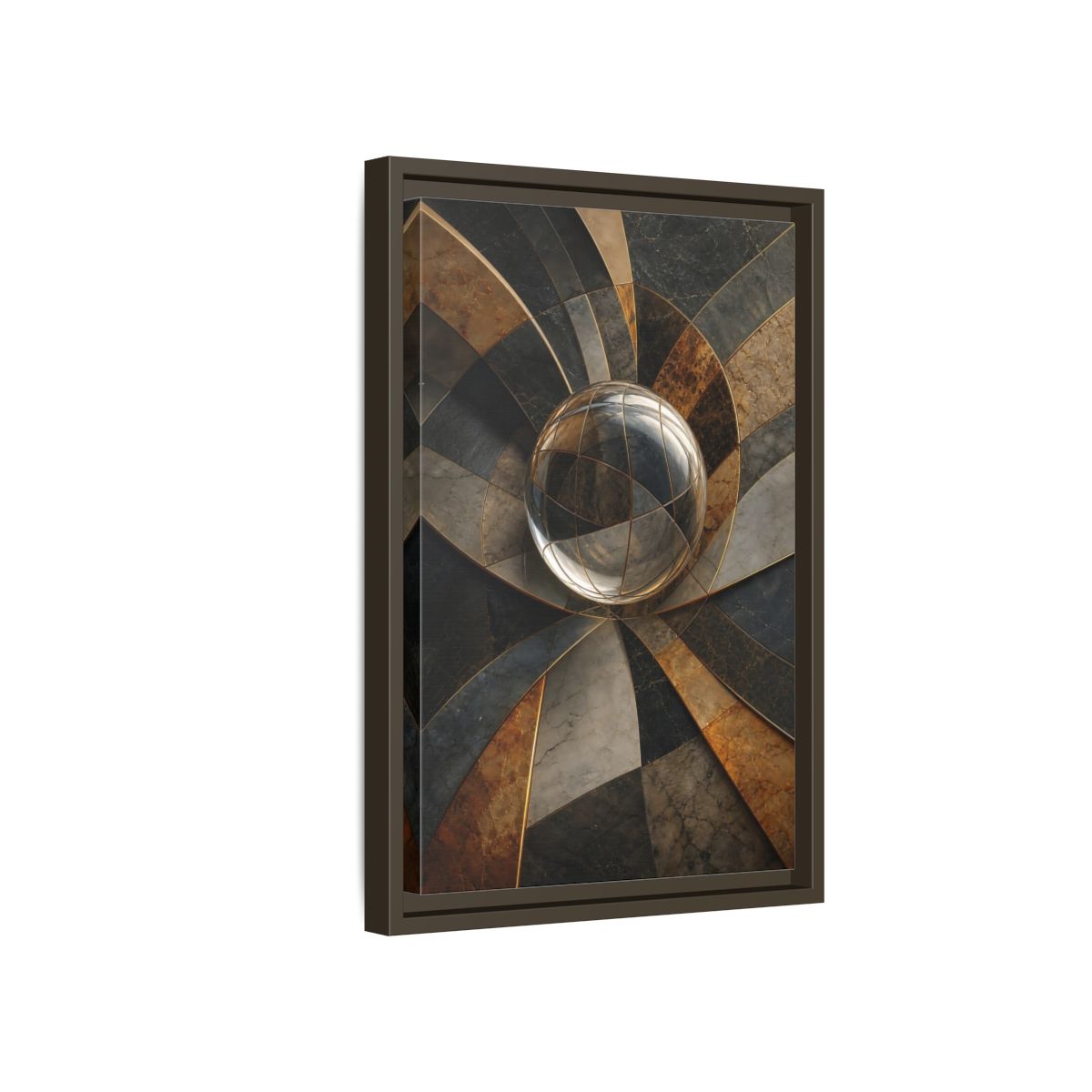 Side Mockup 5. Abstract Glass Sphere Bronze And Grey shown as stretched canvas wall art
