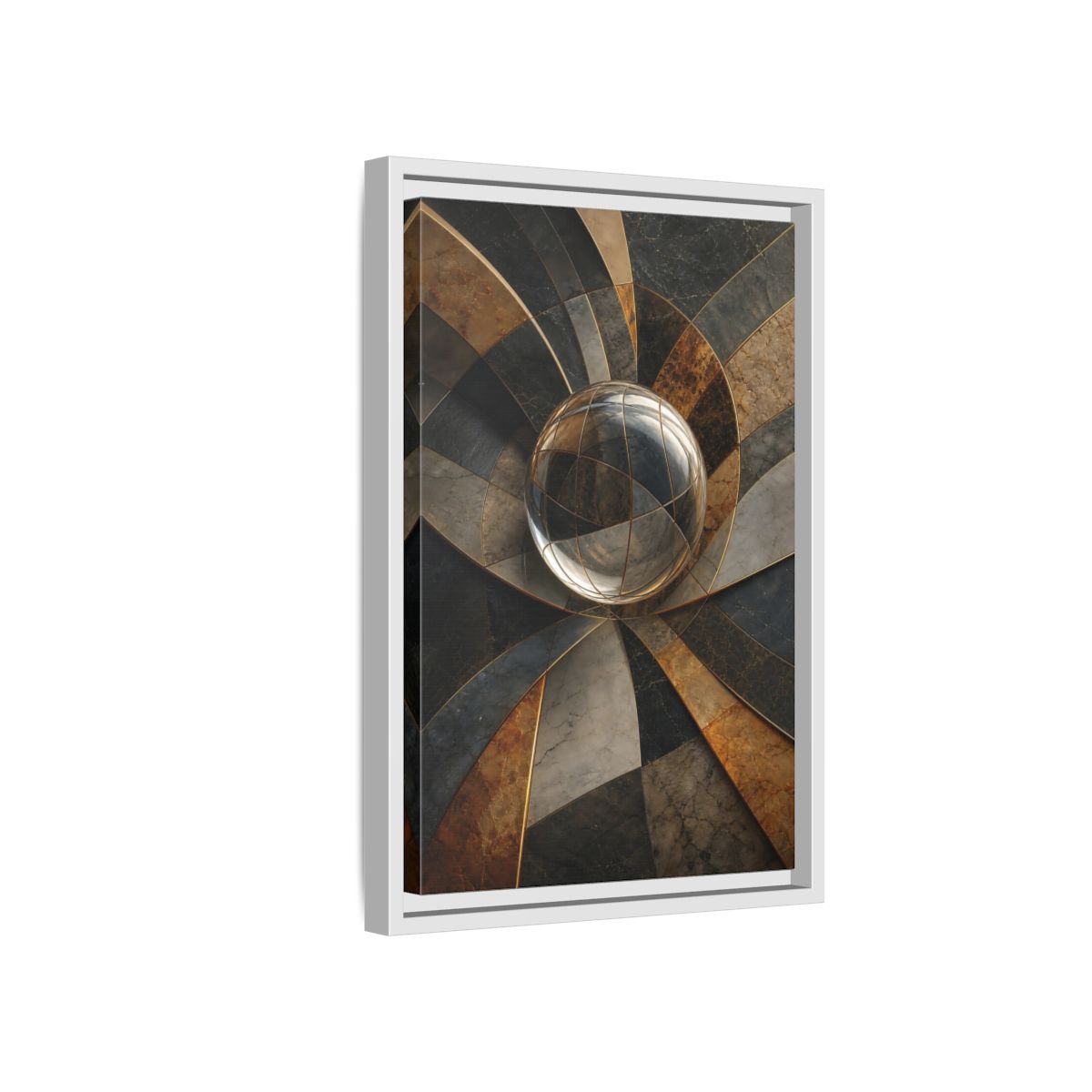 Side Mockup 4. Abstract Glass Sphere Bronze And Grey shown as stretched canvas wall art