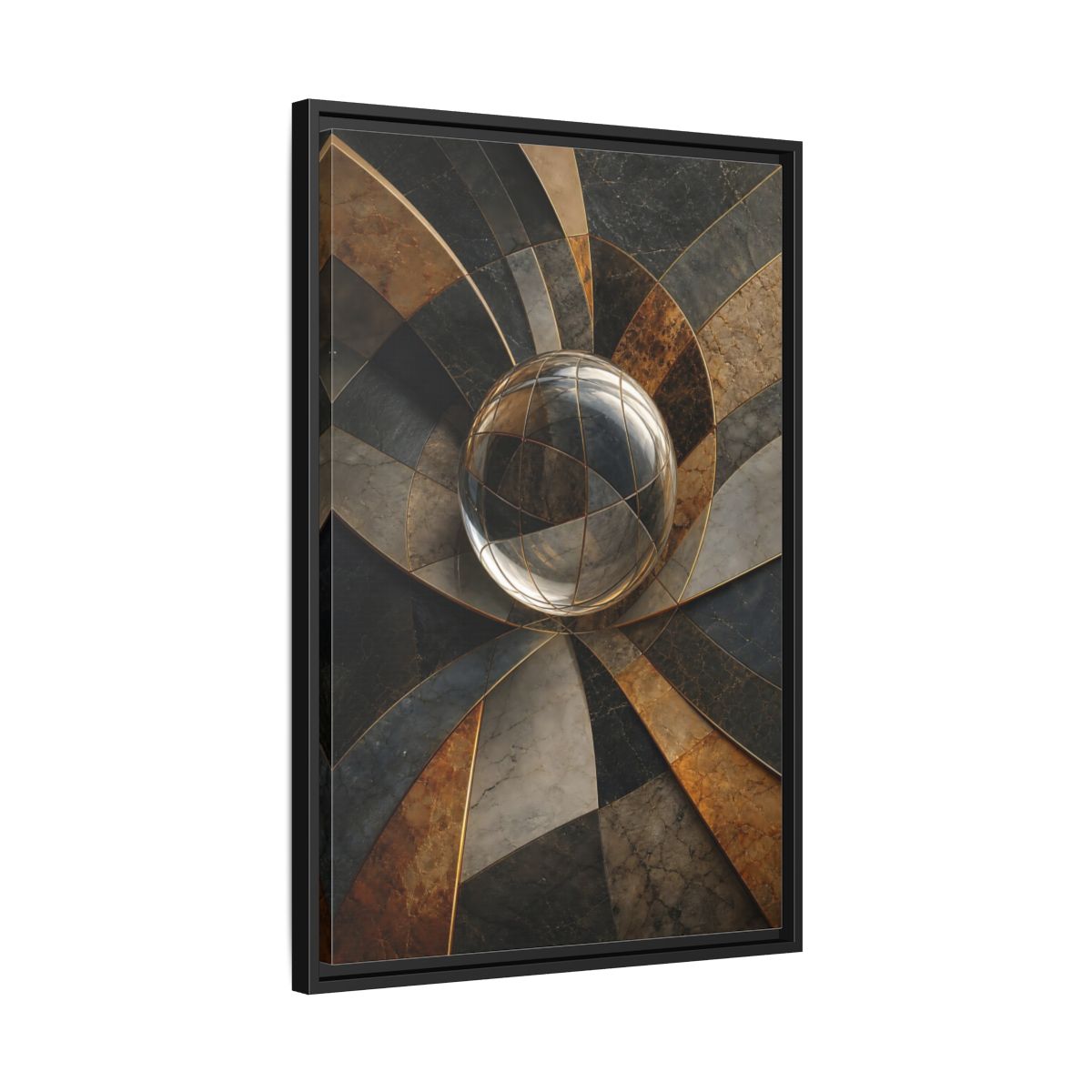 Side Mockup 14. Abstract Glass Sphere Bronze And Grey shown as stretched canvas wall art