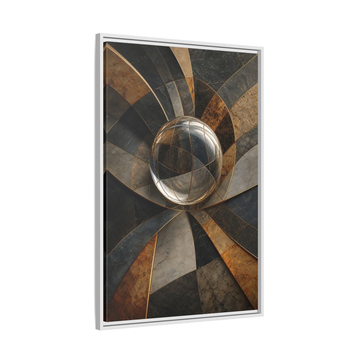 Side Mockup 9. Abstract Glass Sphere Bronze And Grey shown as stretched canvas wall art
