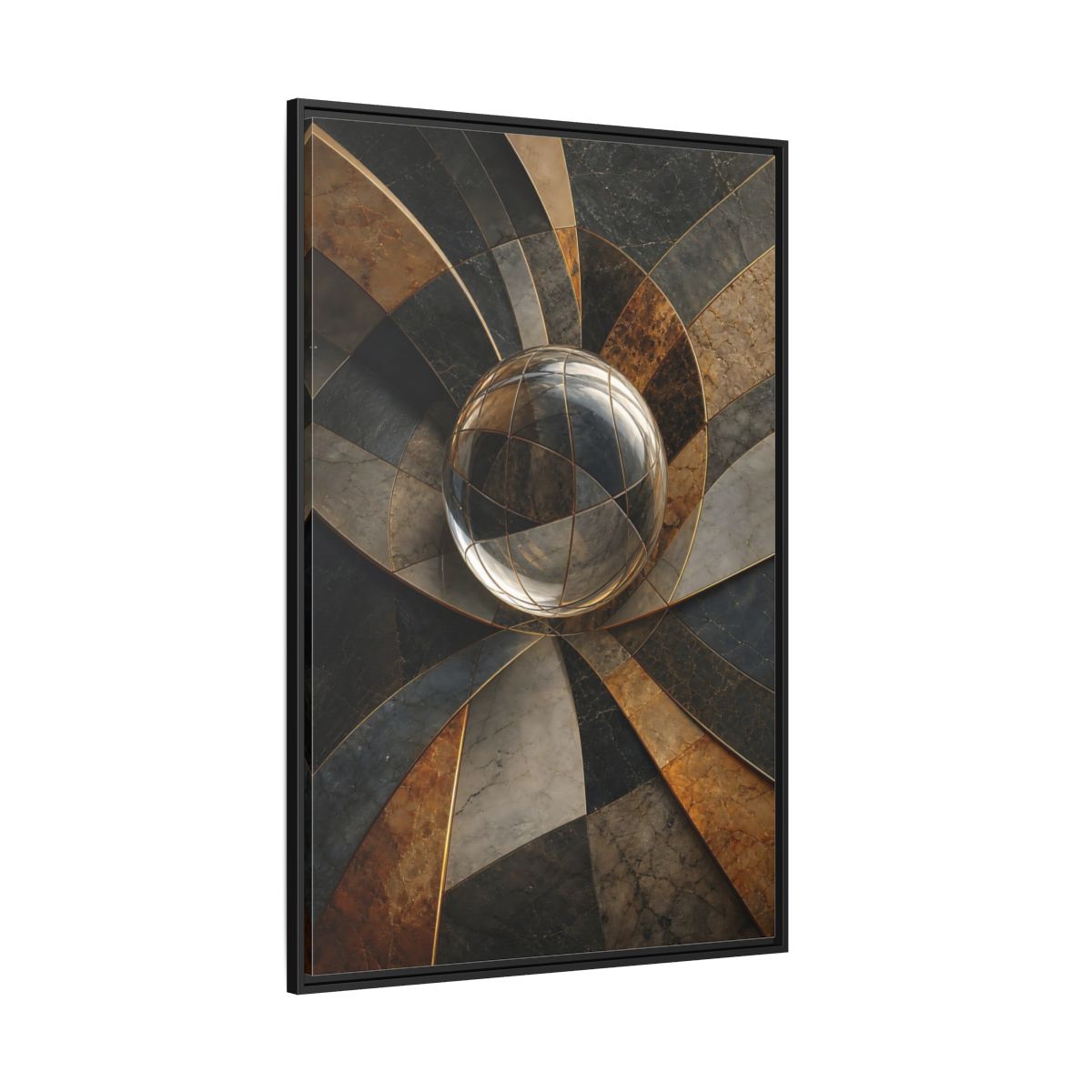 Side Mockup 12. Abstract Glass Sphere Bronze And Grey shown as stretched canvas wall art