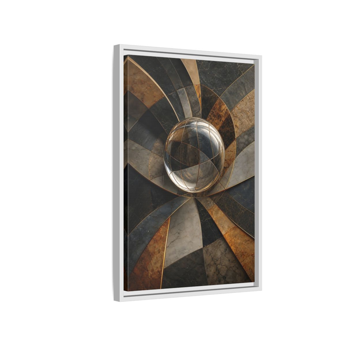 Side Mockup 1. Abstract Glass Sphere Bronze And Grey shown as stretched canvas wall art