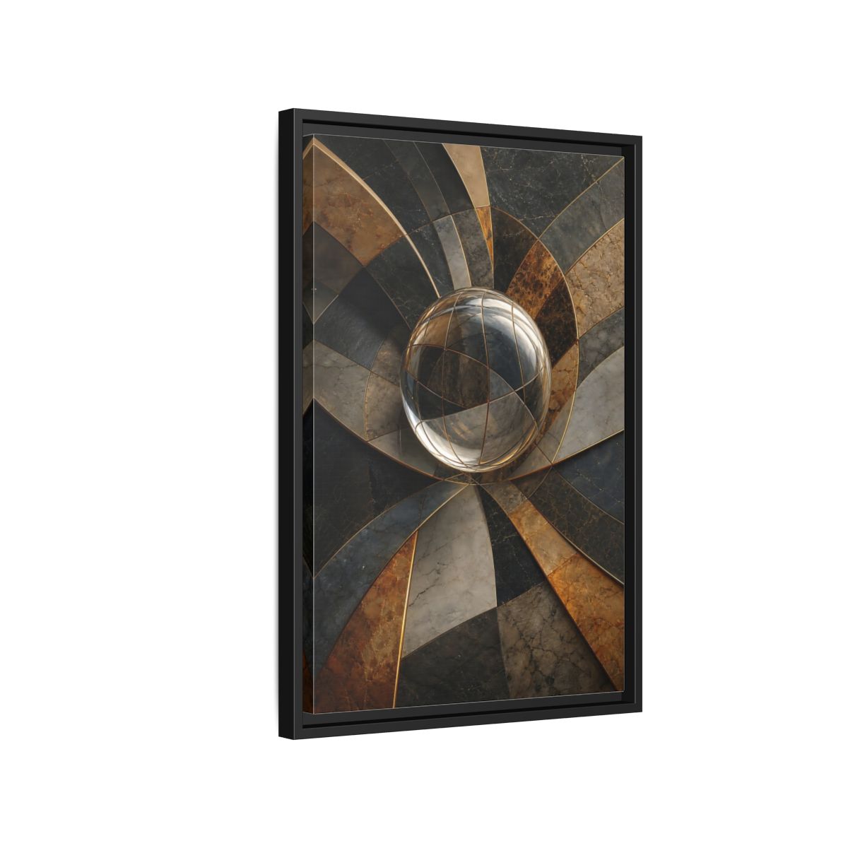 Side Mockup 3. Abstract Glass Sphere Bronze And Grey shown as stretched canvas wall art