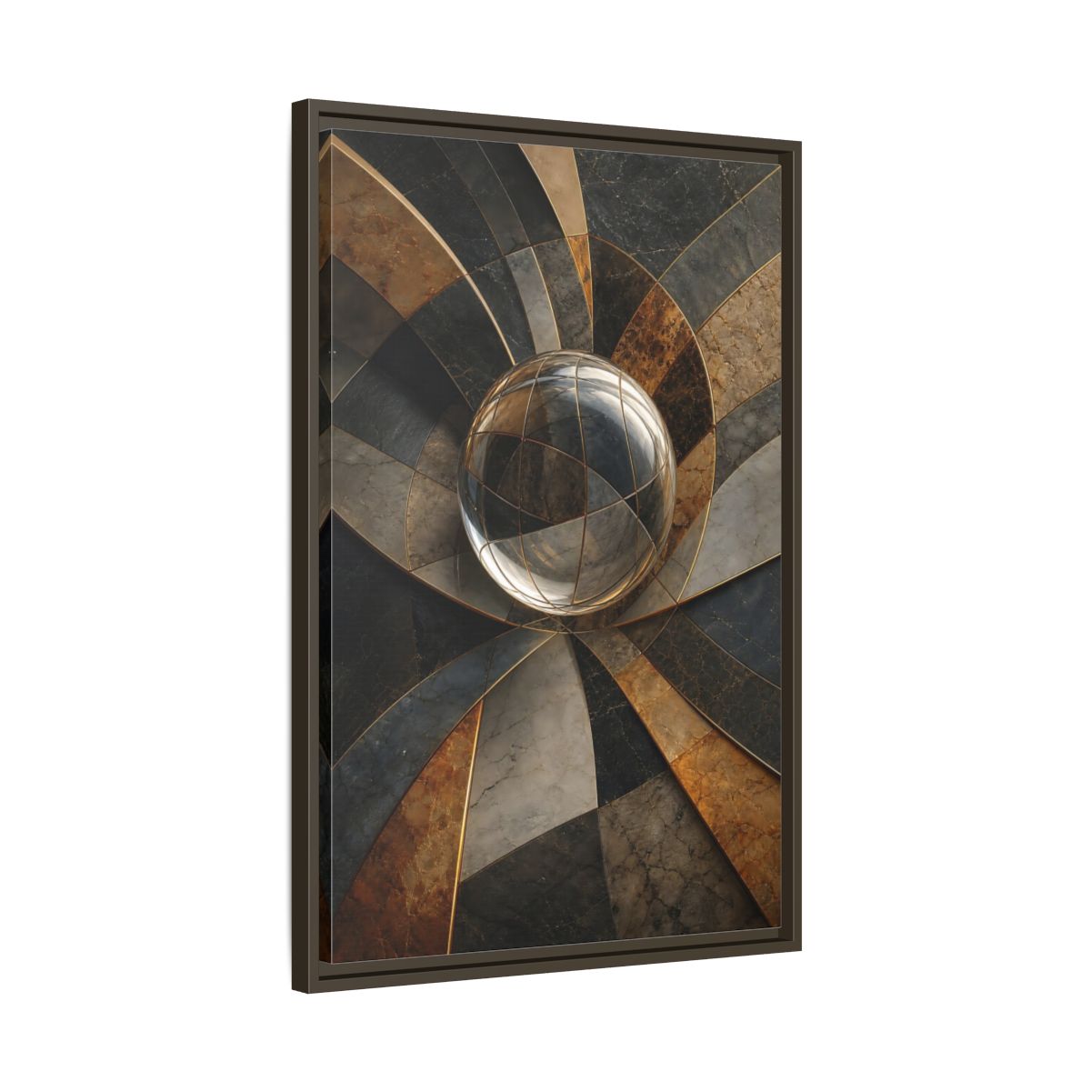 Side Mockup 11. Abstract Glass Sphere Bronze And Grey shown as stretched canvas wall art