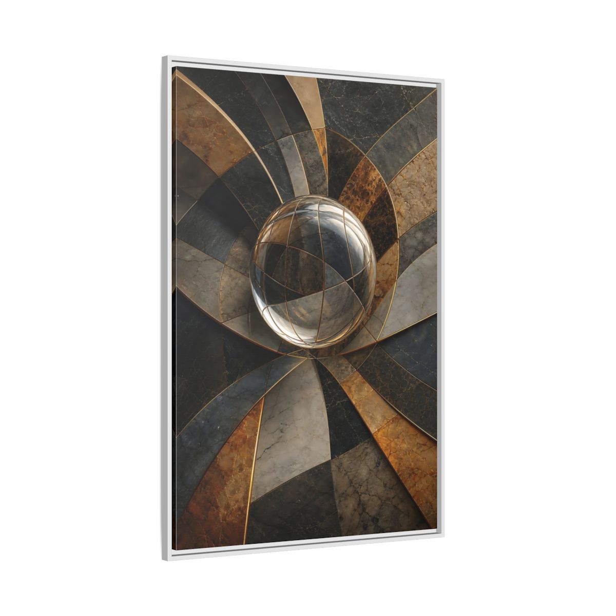 Side Mockup 7. Abstract Glass Sphere Bronze And Grey shown as stretched canvas wall art