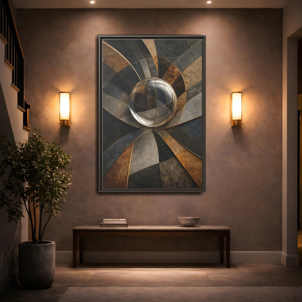 Mockup 2. Abstract Glass Sphere Bronze And Grey shown as stretched canvas wall art