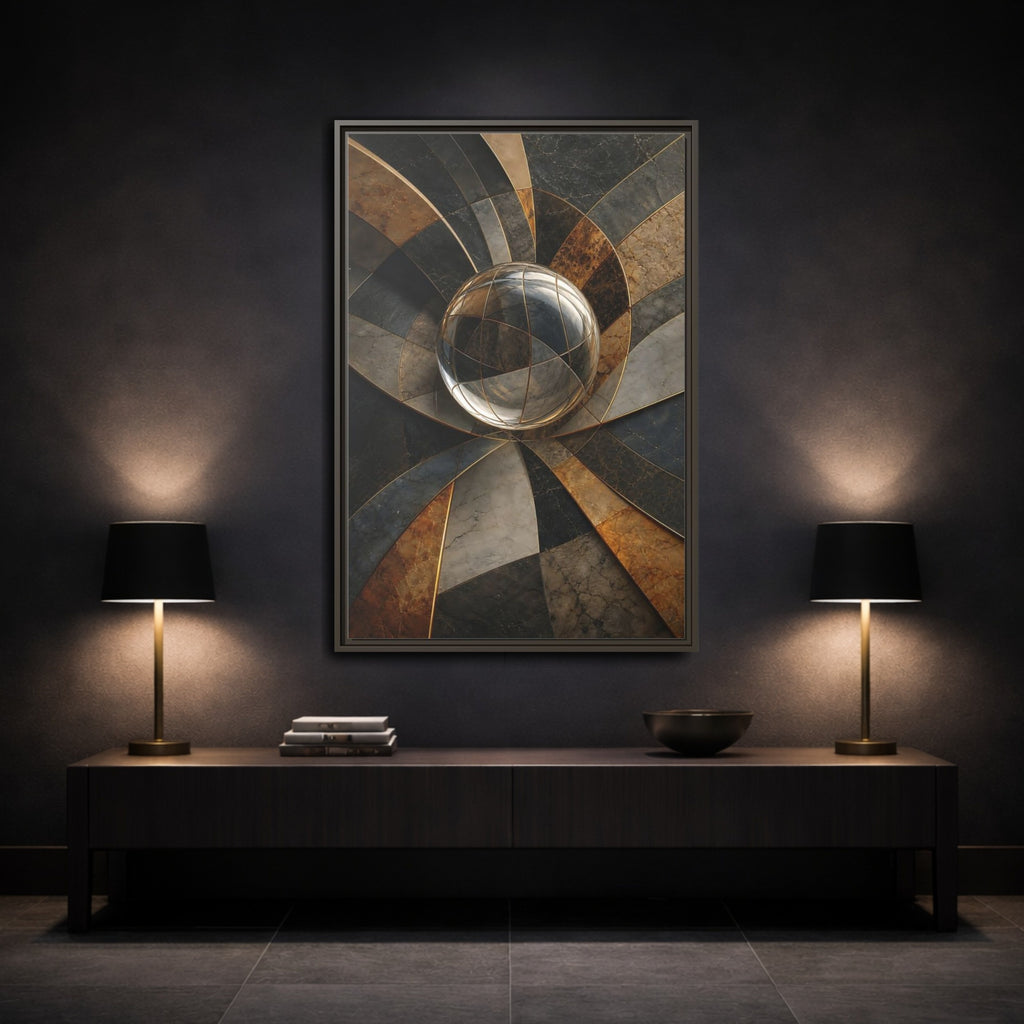 Mockup 3. Abstract Glass Sphere Bronze And Grey shown as stretched canvas wall art