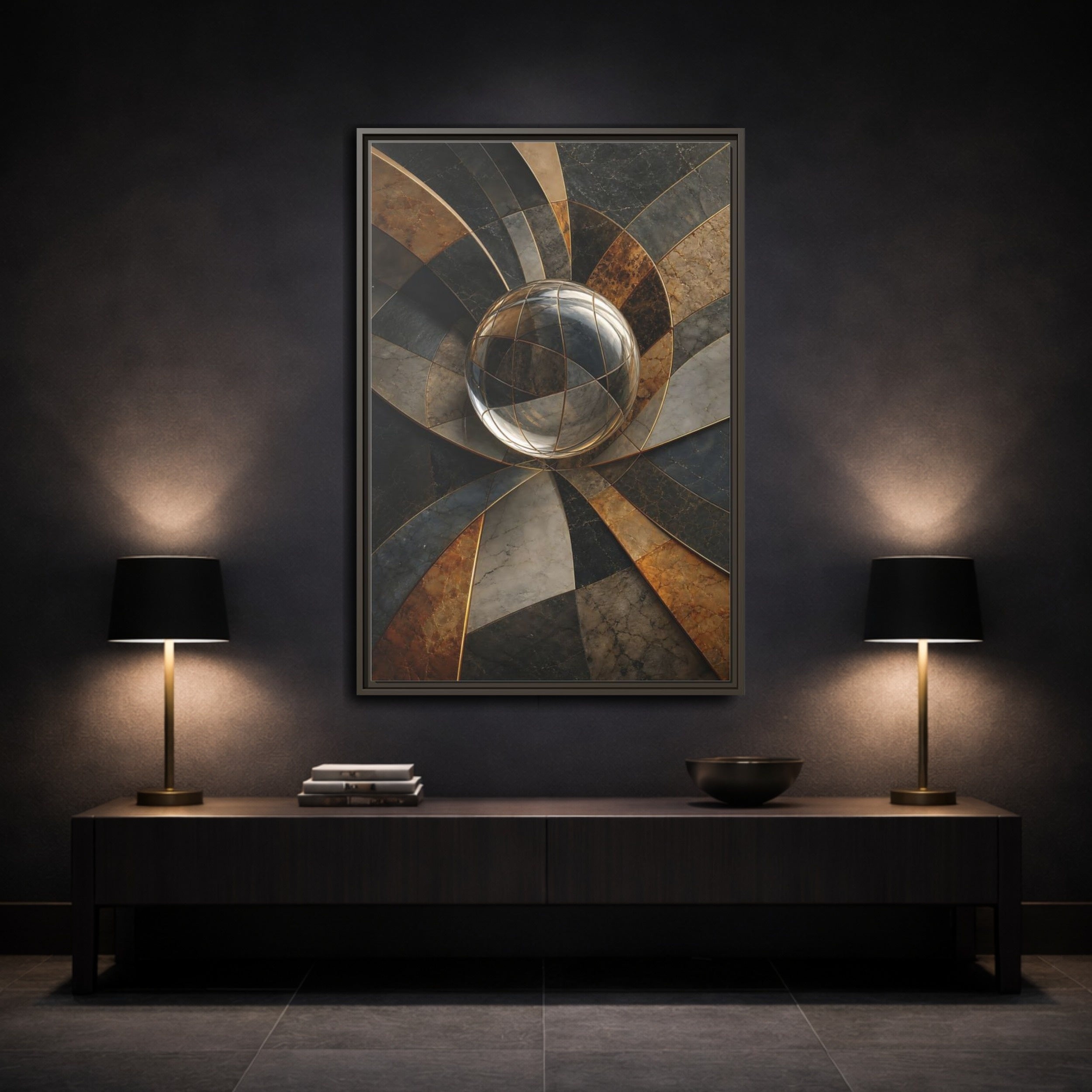 Mockup 3. Abstract Glass Sphere Bronze And Grey shown as stretched canvas wall art