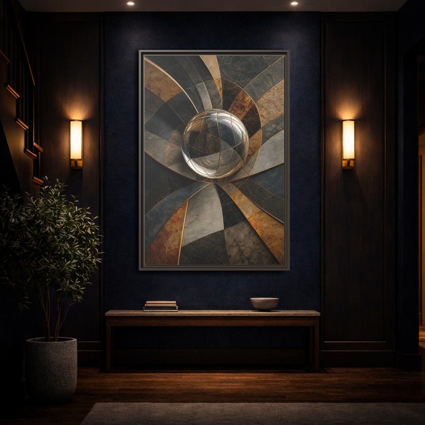 Mockup 4. Abstract Glass Sphere Bronze And Grey shown as stretched canvas wall art
