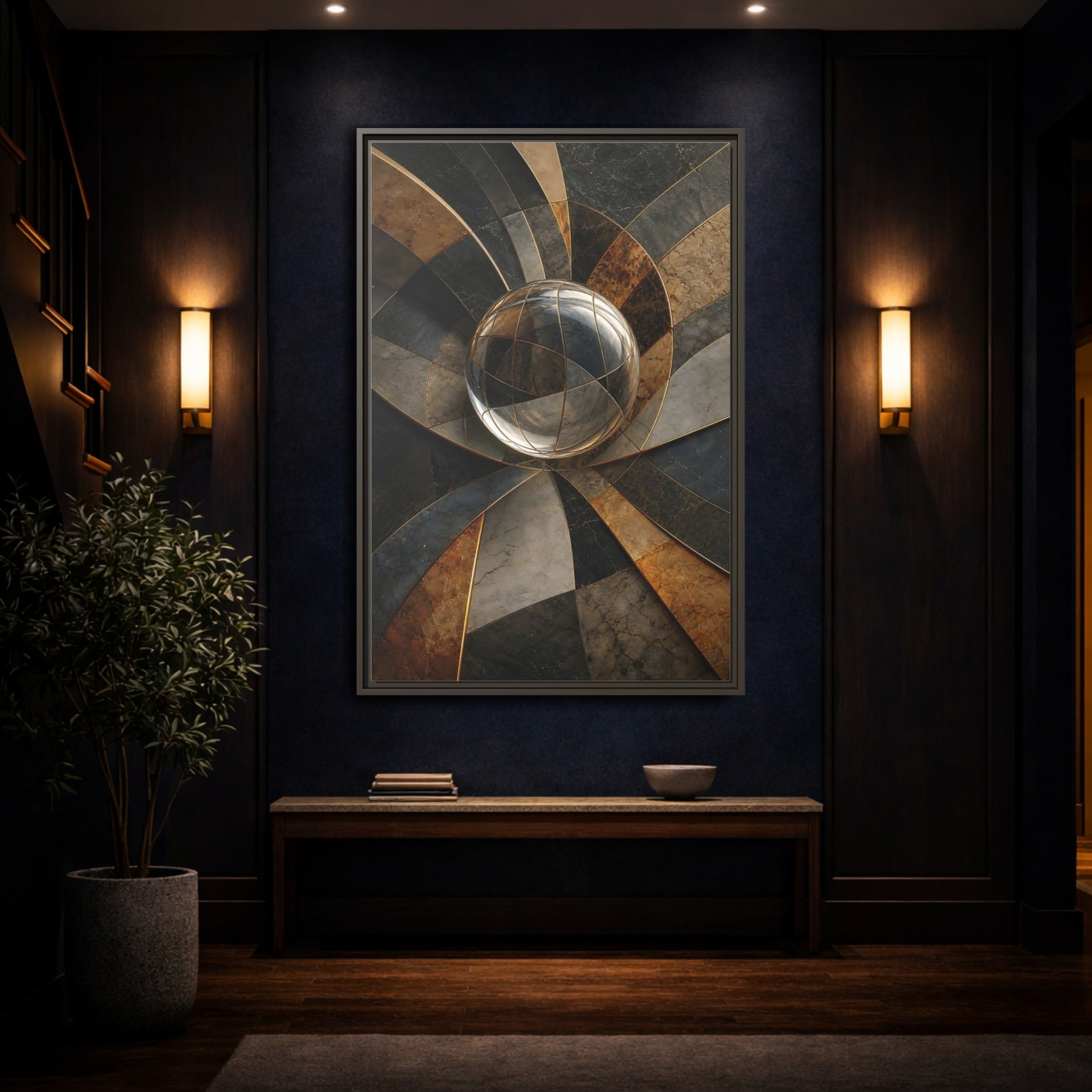 Mockup 4. Abstract Glass Sphere Bronze And Grey shown as stretched canvas wall art