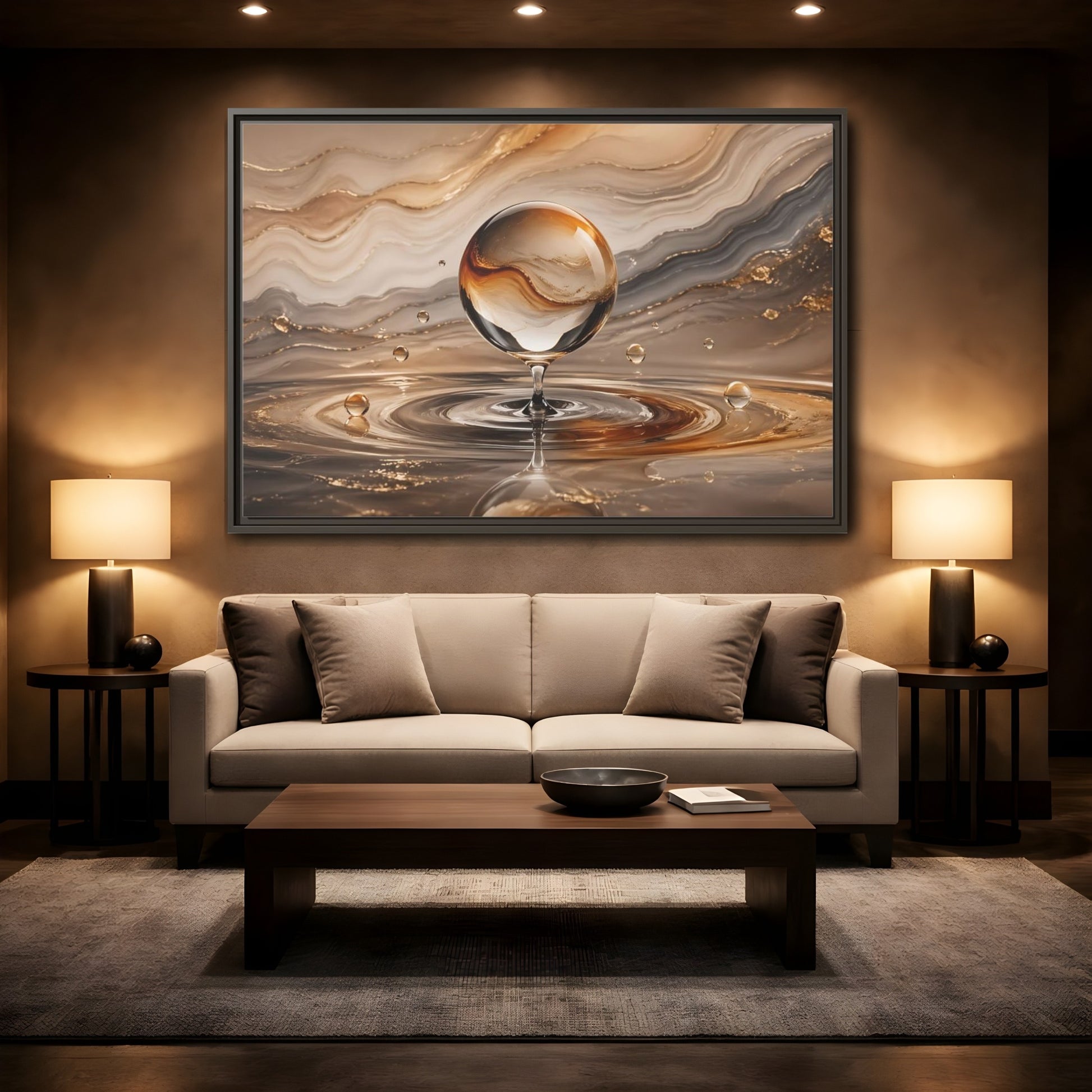 Mockup 2. Abstract Glass Sphere Gold And Brown Abstract shown as stretched canvas wall art