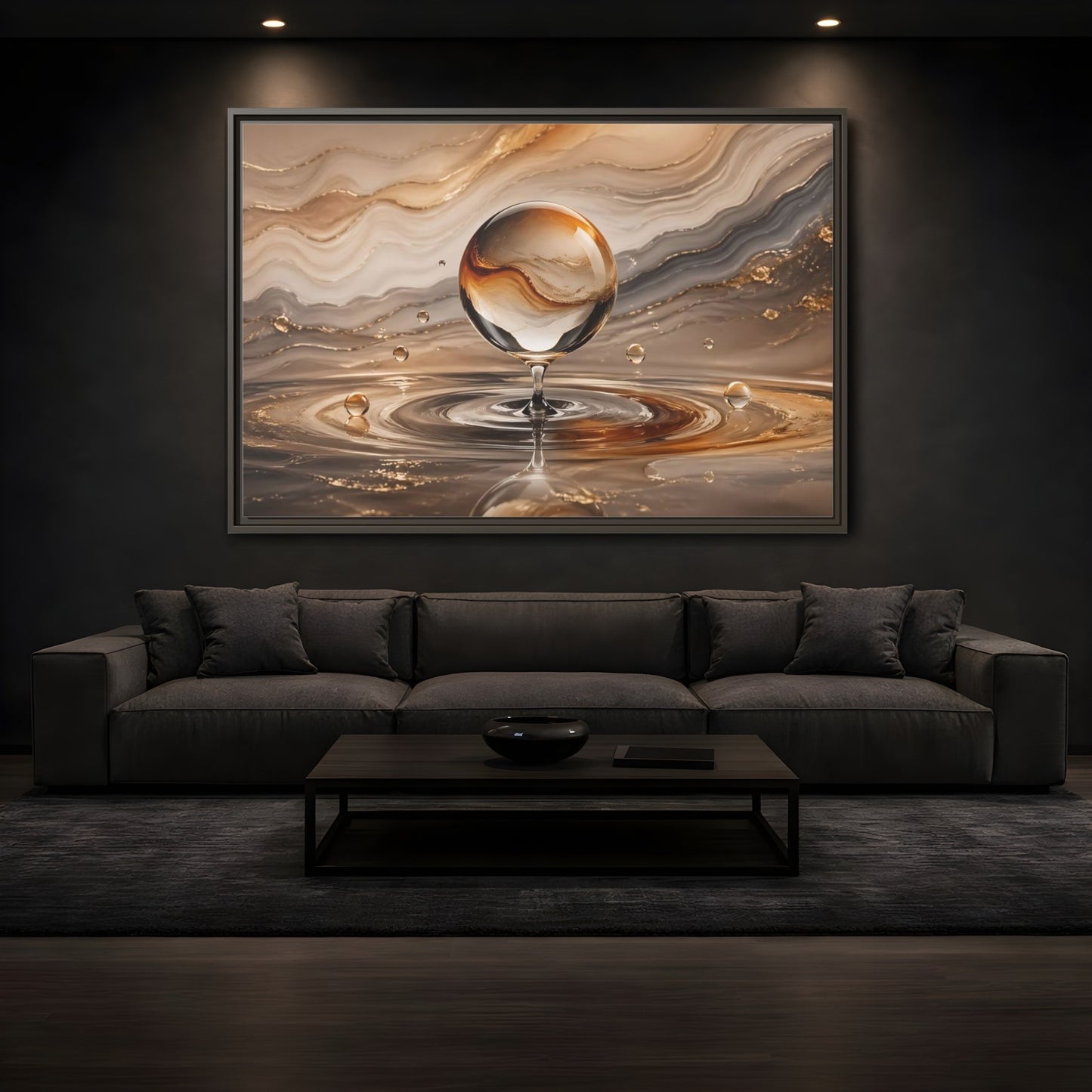 Mockup 3. Abstract Glass Sphere Gold And Brown Abstract shown as stretched canvas wall art