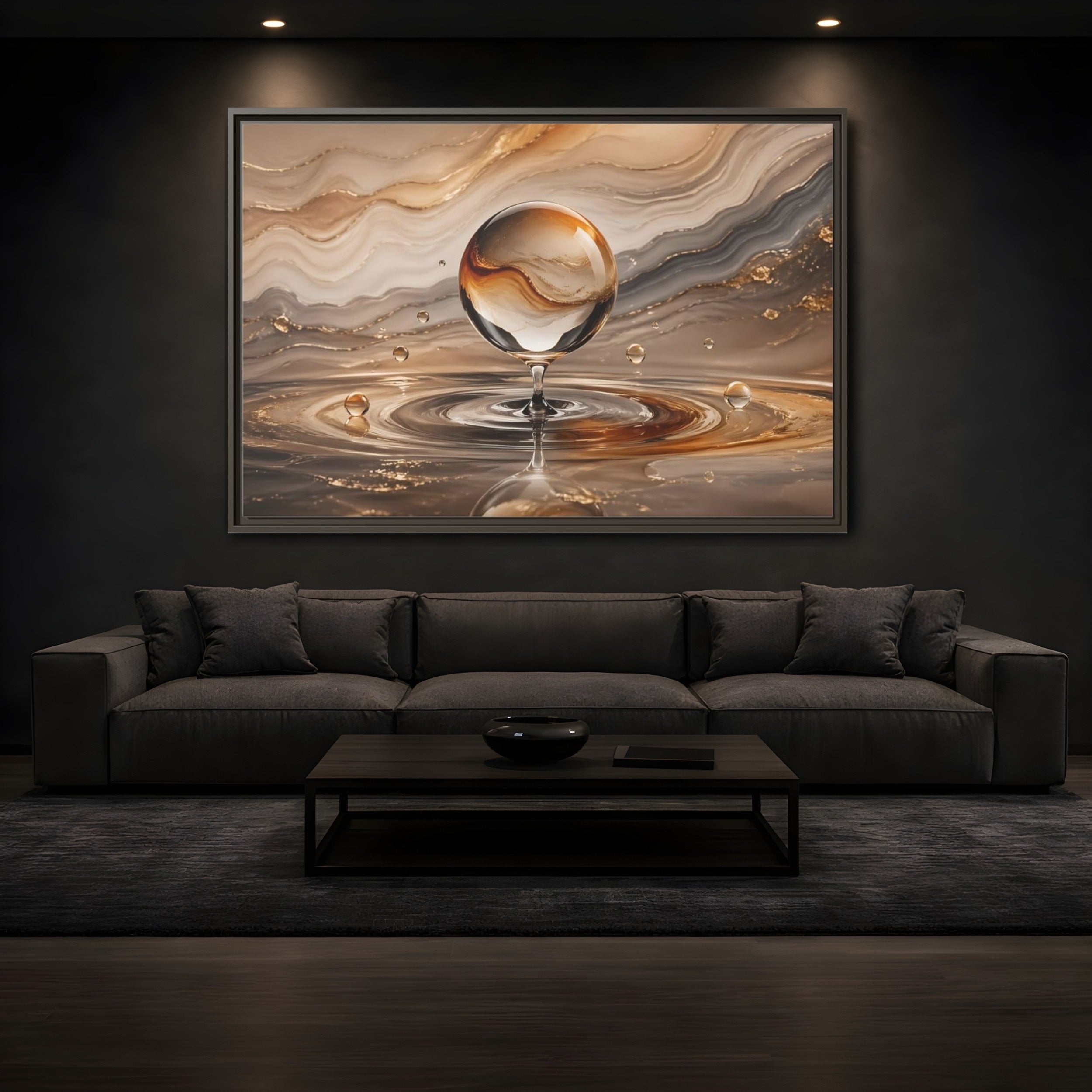 Mockup 3. Abstract Glass Sphere Gold And Brown Abstract shown as stretched canvas wall art