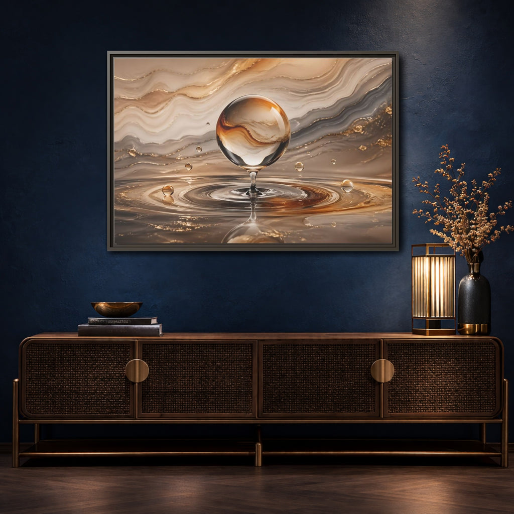 Mockup 4. Abstract Glass Sphere Gold And Brown Abstract shown as stretched canvas wall art