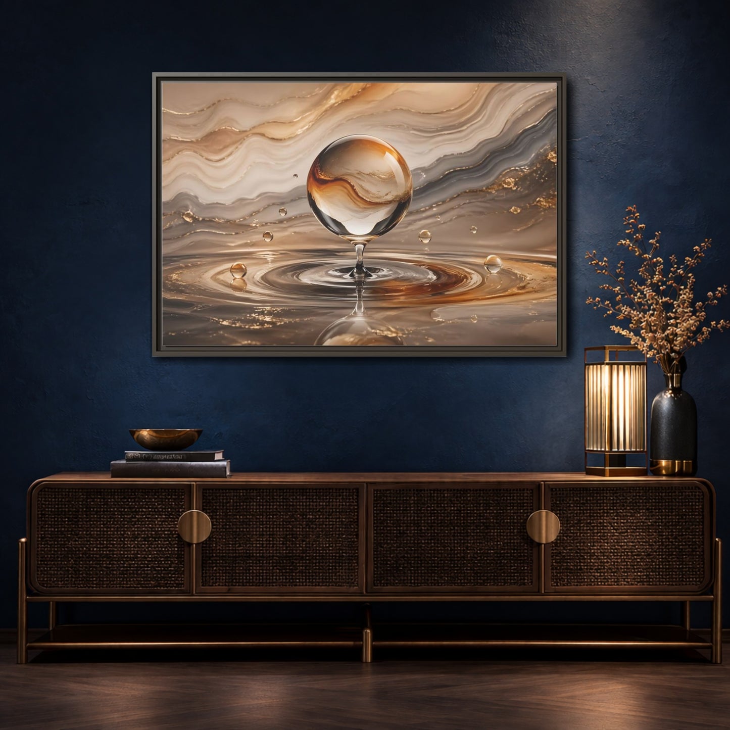 Mockup 4. Abstract Glass Sphere Gold And Brown Abstract shown as stretched canvas wall art