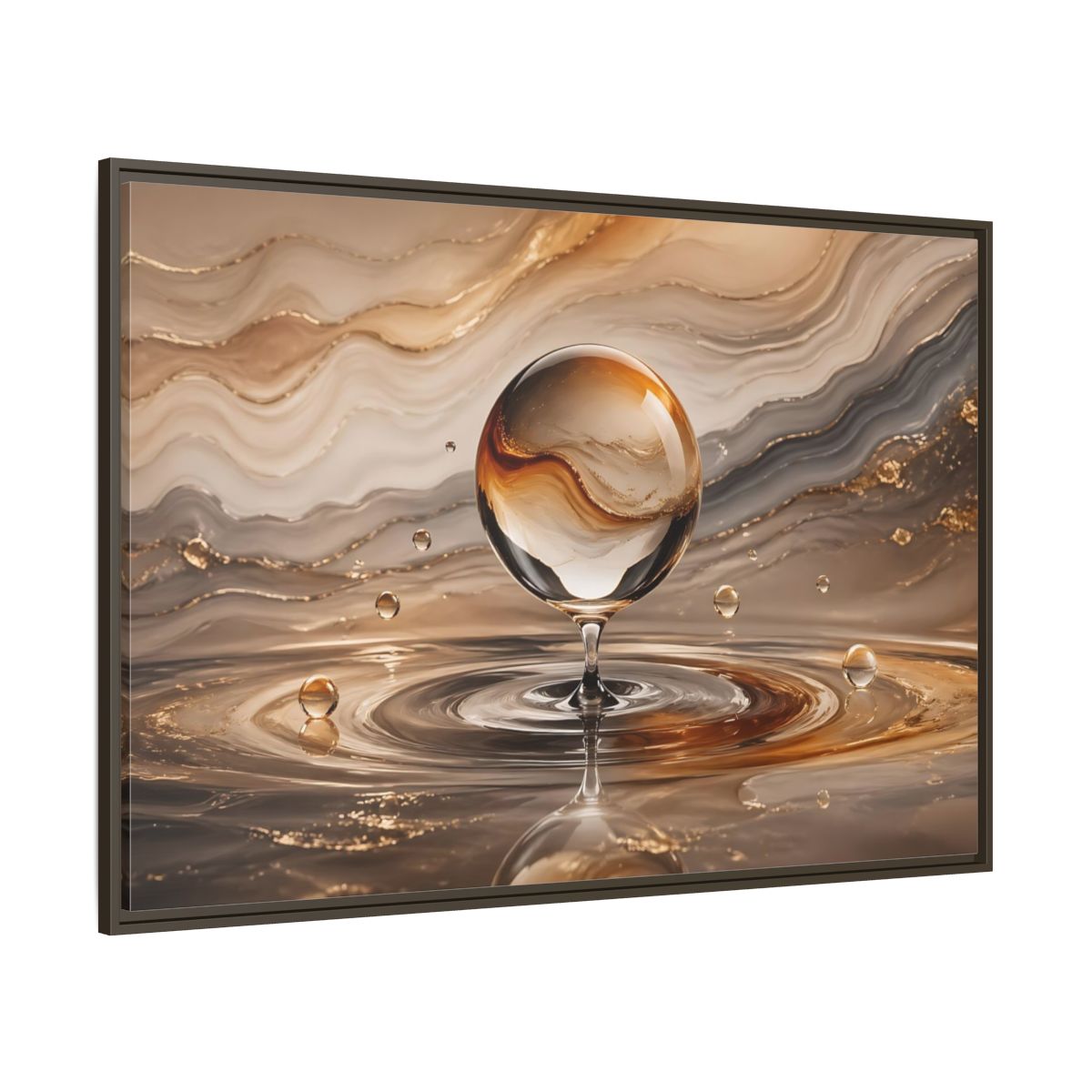 Side Mockup 8. Abstract Glass Sphere Gold And Brown Abstract shown as stretched canvas wall art