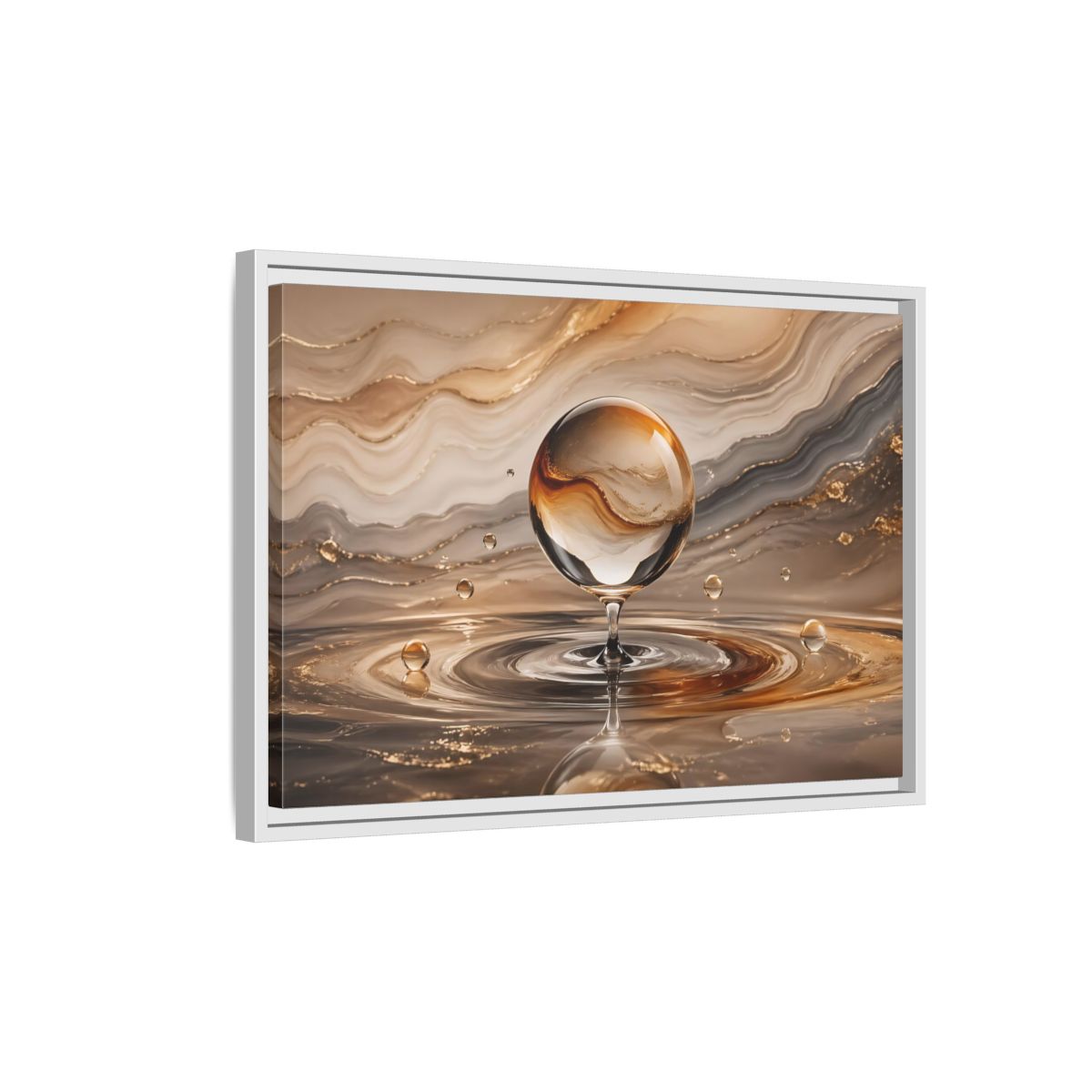 Side Mockup 1. Abstract Glass Sphere Gold And Brown Abstract shown as stretched canvas wall art