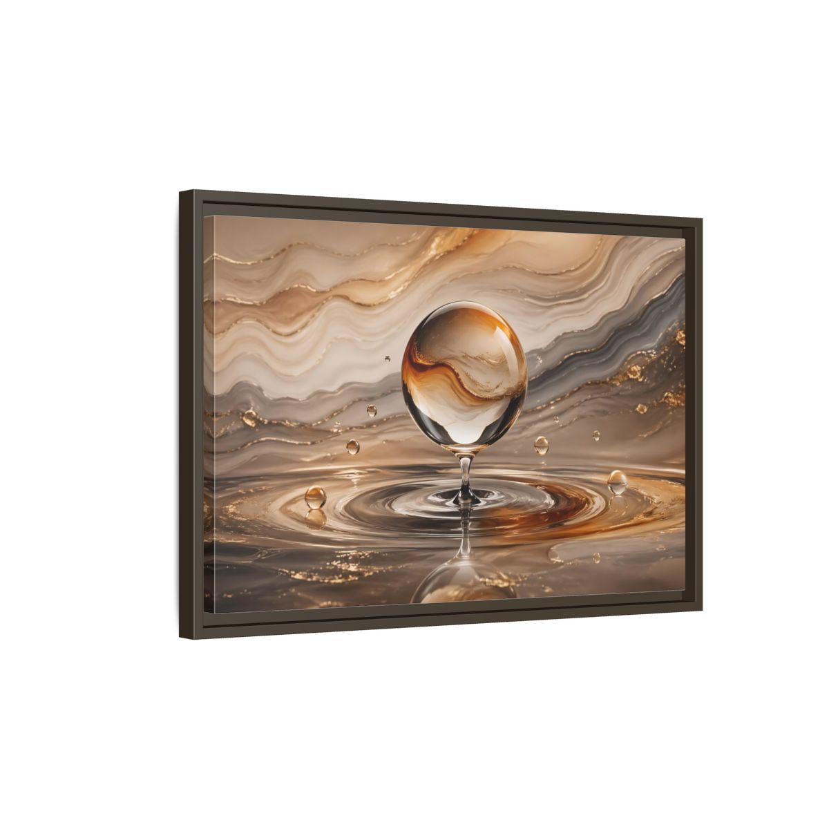 Side Mockup 2. Abstract Glass Sphere Gold And Brown Abstract shown as stretched canvas wall art