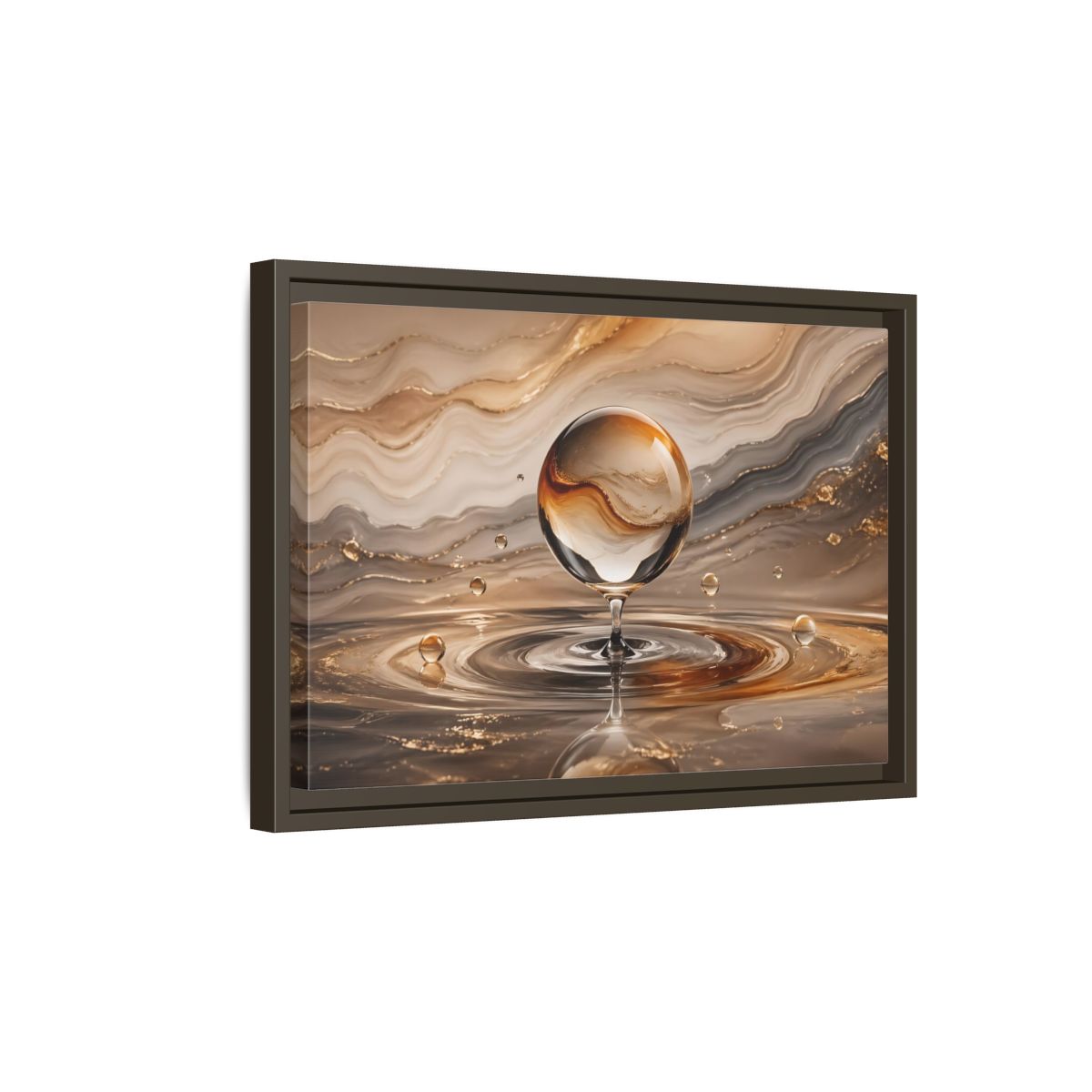 Side Mockup 5. Abstract Glass Sphere Gold And Brown Abstract shown as stretched canvas wall art