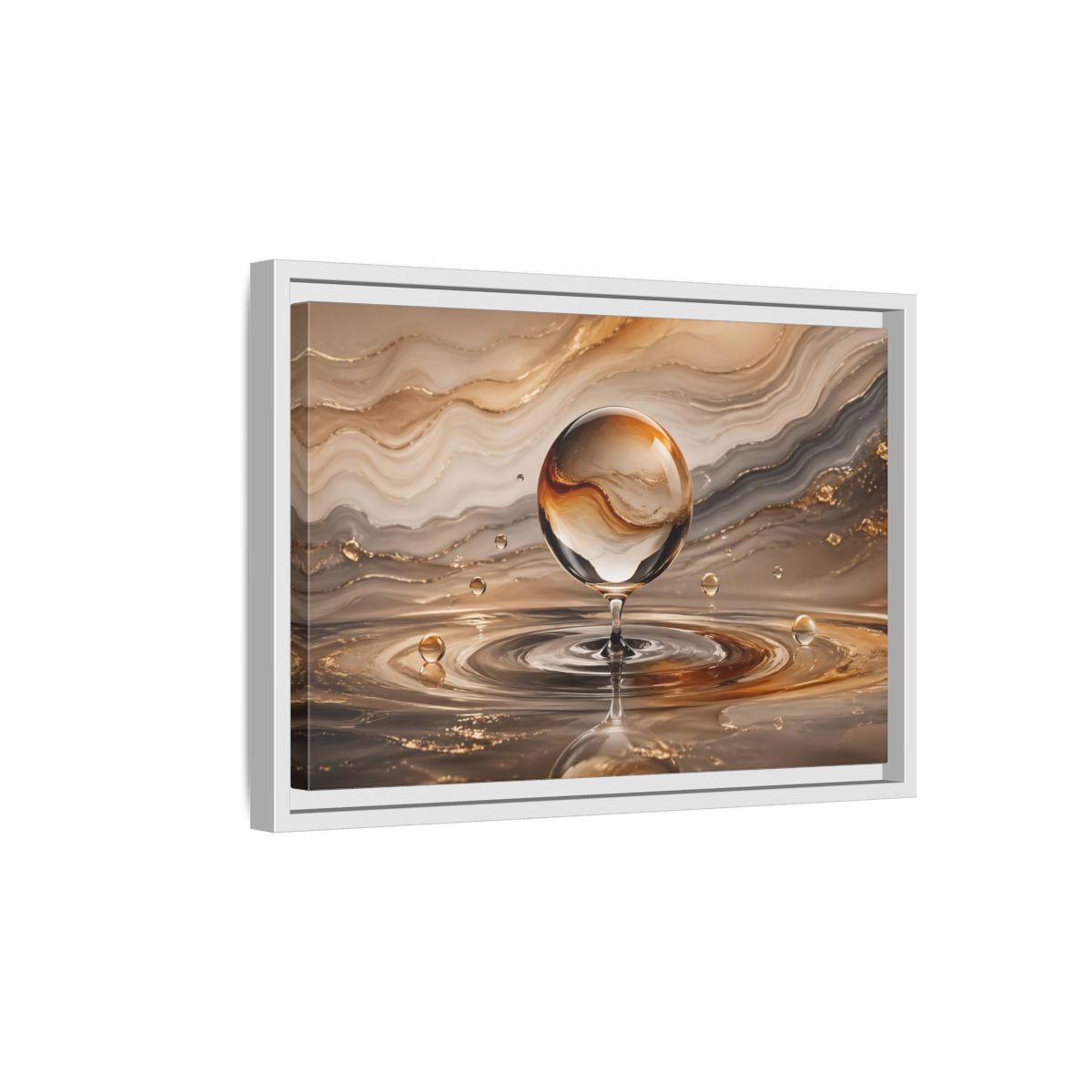 Side Mockup 4. Abstract Glass Sphere Gold And Brown Abstract shown as stretched canvas wall art