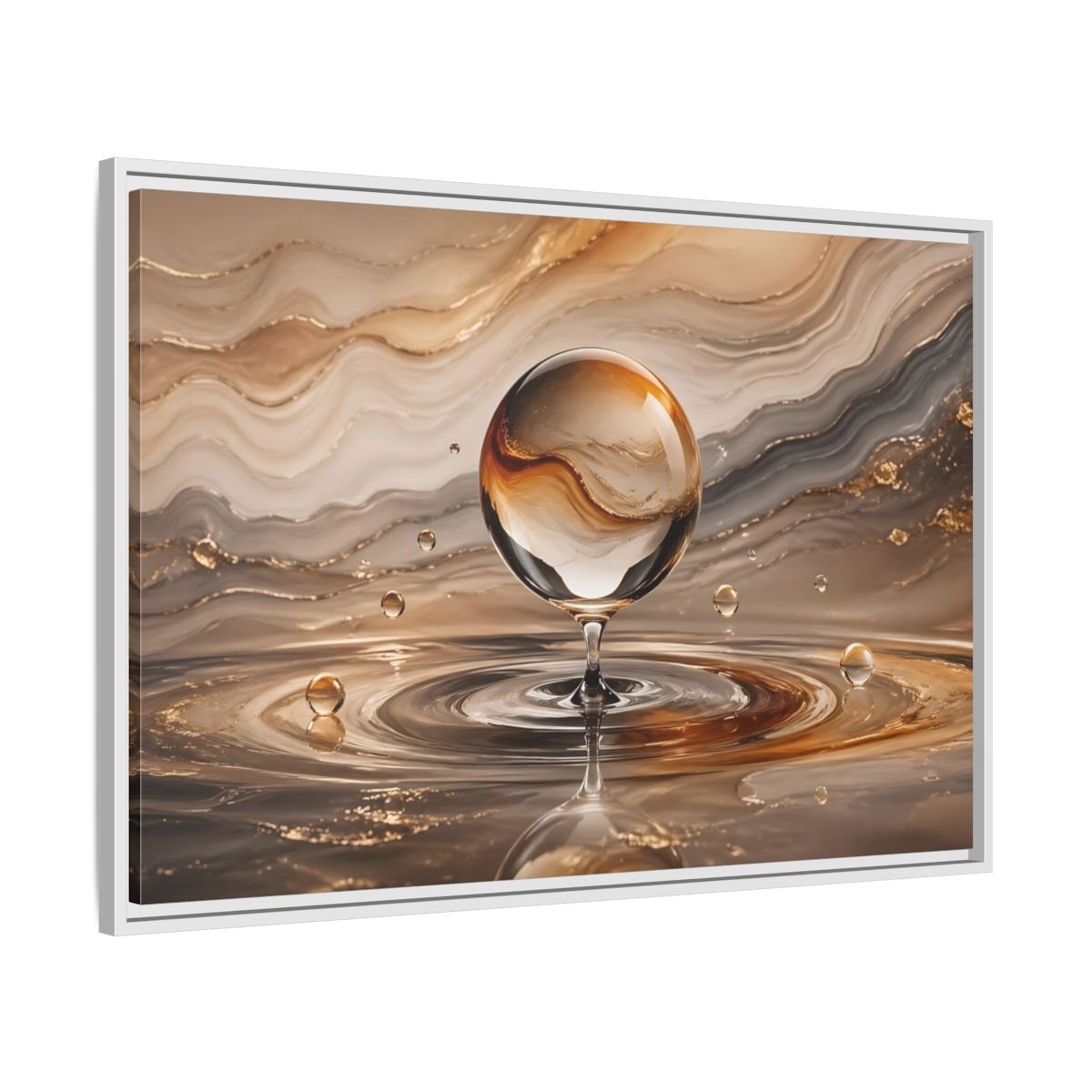 Side Mockup 9. Abstract Glass Sphere Gold And Brown Abstract shown as stretched canvas wall art