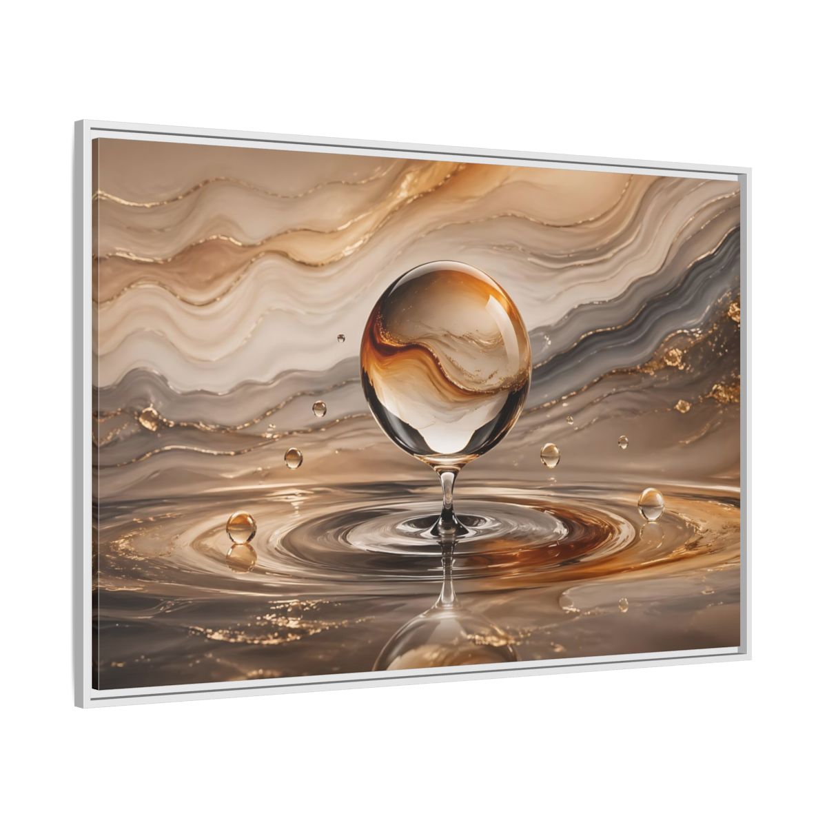 Side Mockup 7. Abstract Glass Sphere Gold And Brown Abstract shown as stretched canvas wall art