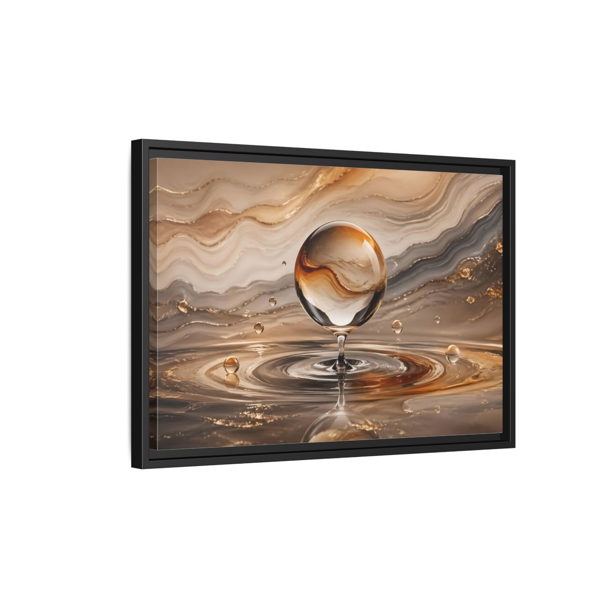 Side Mockup 3. Abstract Glass Sphere Gold And Brown Abstract shown as stretched canvas wall art