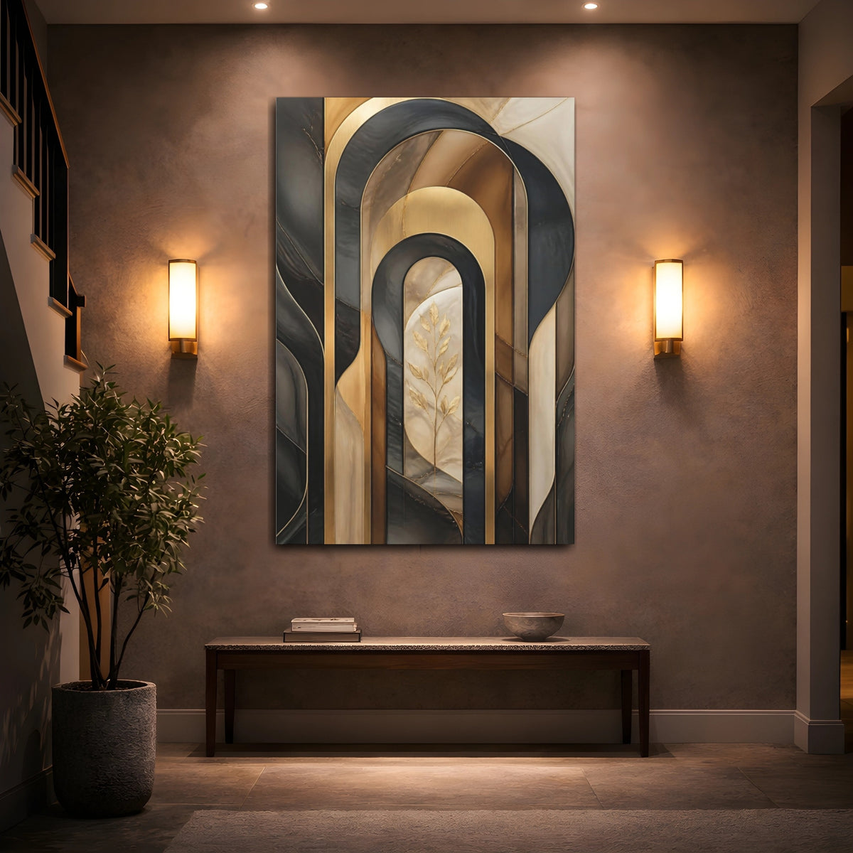 Mockup 2. Abstract Gold Arch Composition shown as canvas print