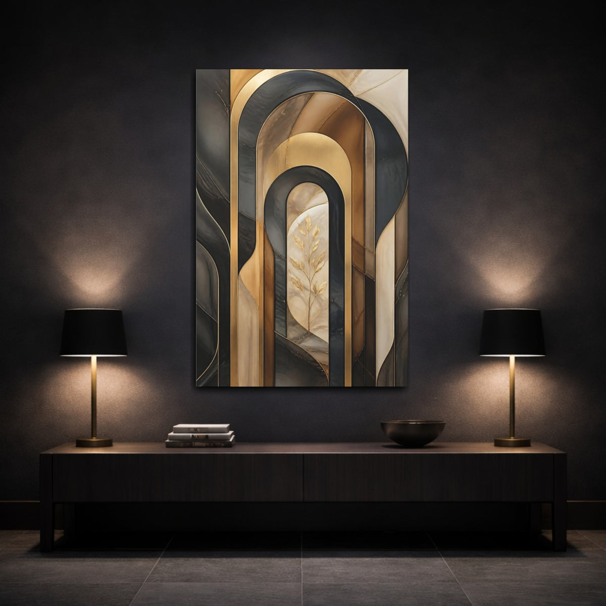 Mockup 3. Abstract Gold Arch Composition shown as canvas print