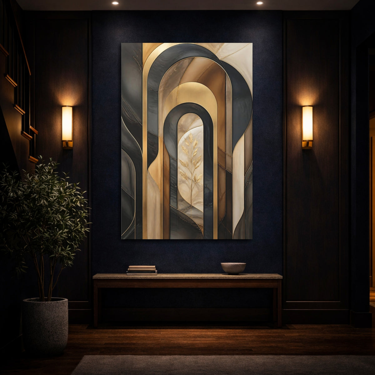 Mockup 4. Abstract Gold Arch Composition shown as canvas print