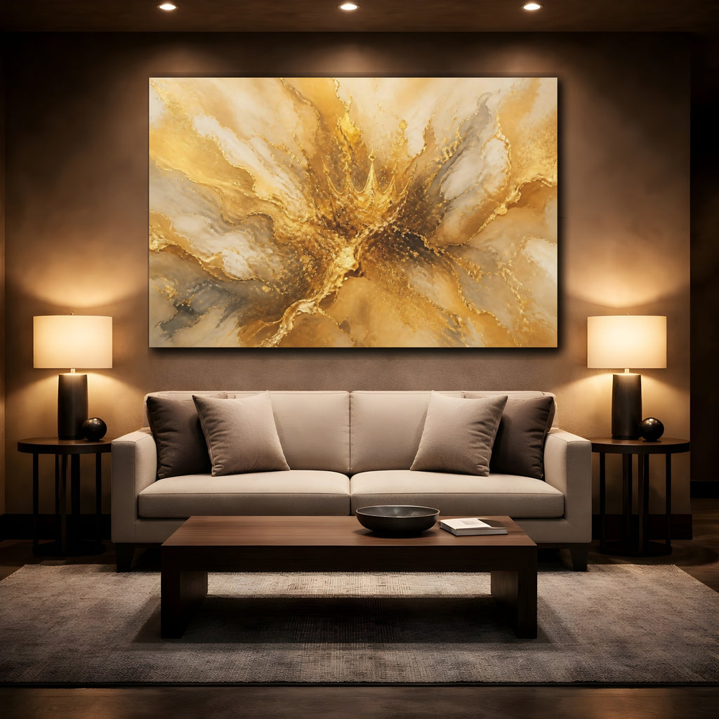 Mockup 2. Abstract Gold Crown Gold And White shown as stretched canvas wall art