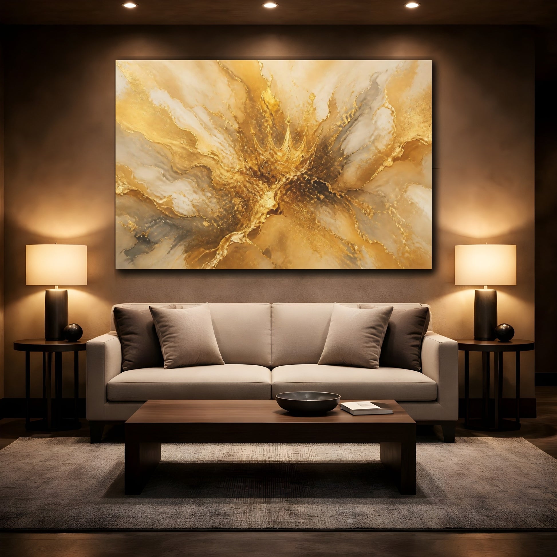 Mockup 2. Abstract Gold Crown Gold And White shown as stretched canvas wall art