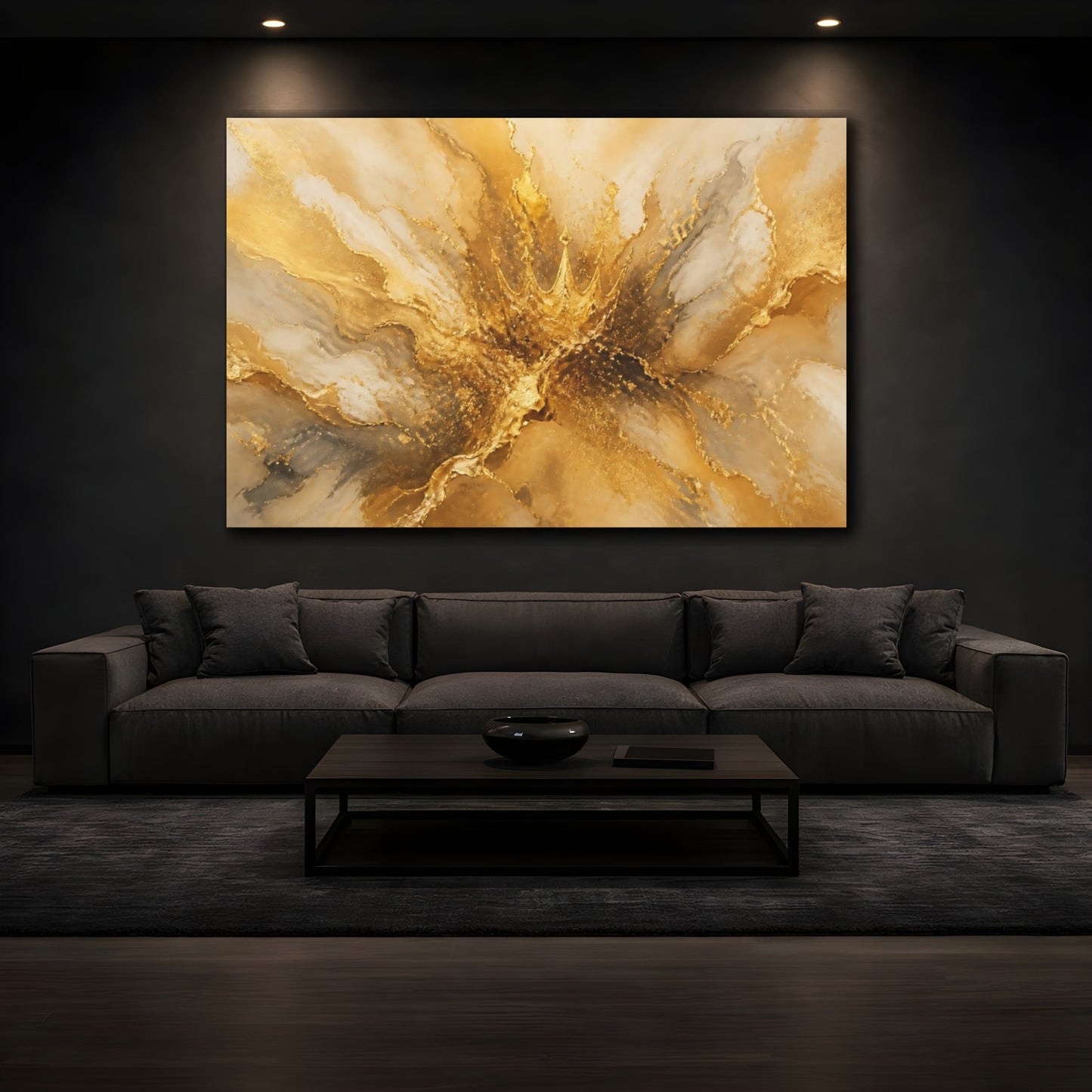 Mockup 3. Abstract Gold Crown Gold And White shown as stretched canvas wall art