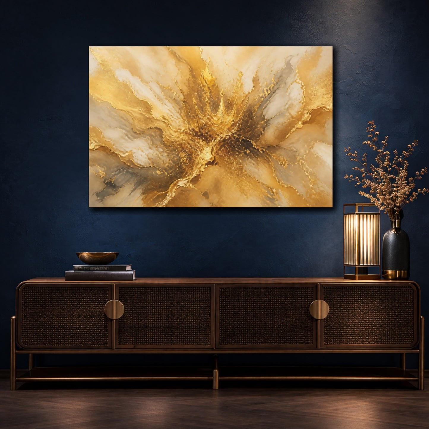 Mockup 4. Abstract Gold Crown Gold And White shown as stretched canvas wall art