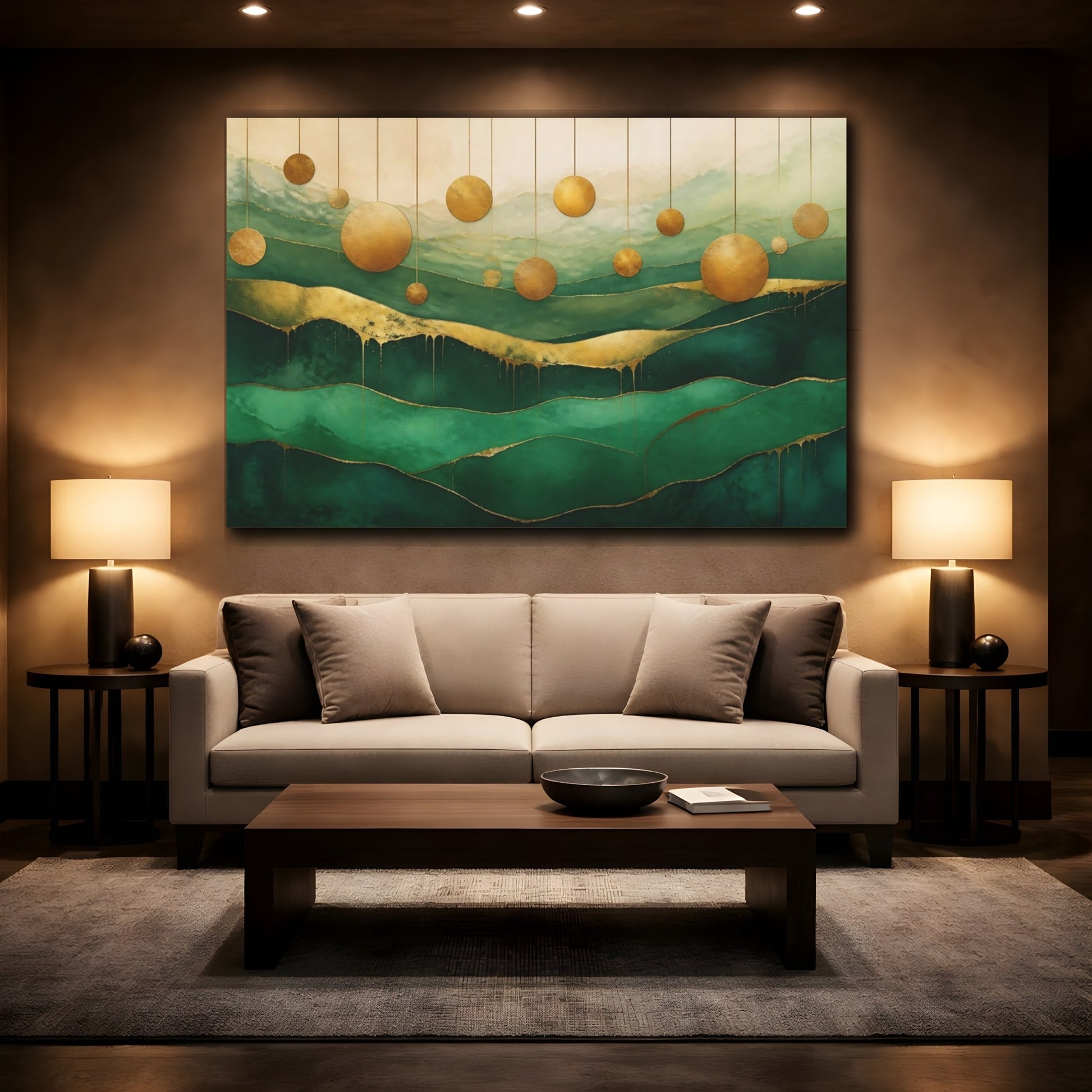 Mockup 2. Abstract Gold Discs shown as canvas print