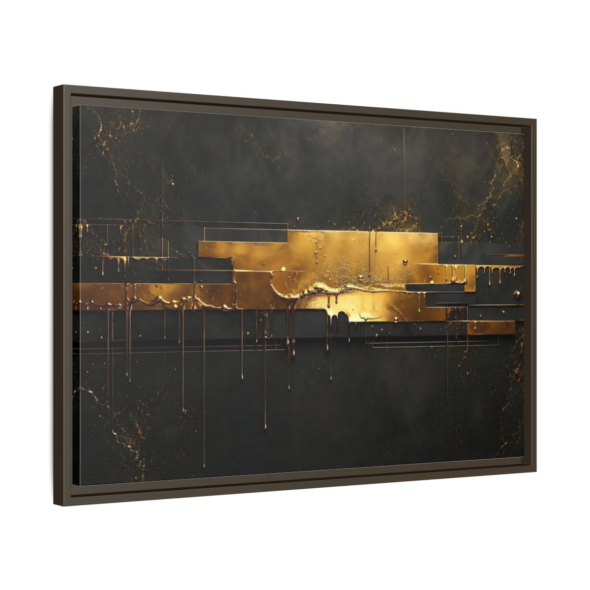 Side Mockup 11. Abstract Gold Drip Black And Gold shown as stretched canvas wall art