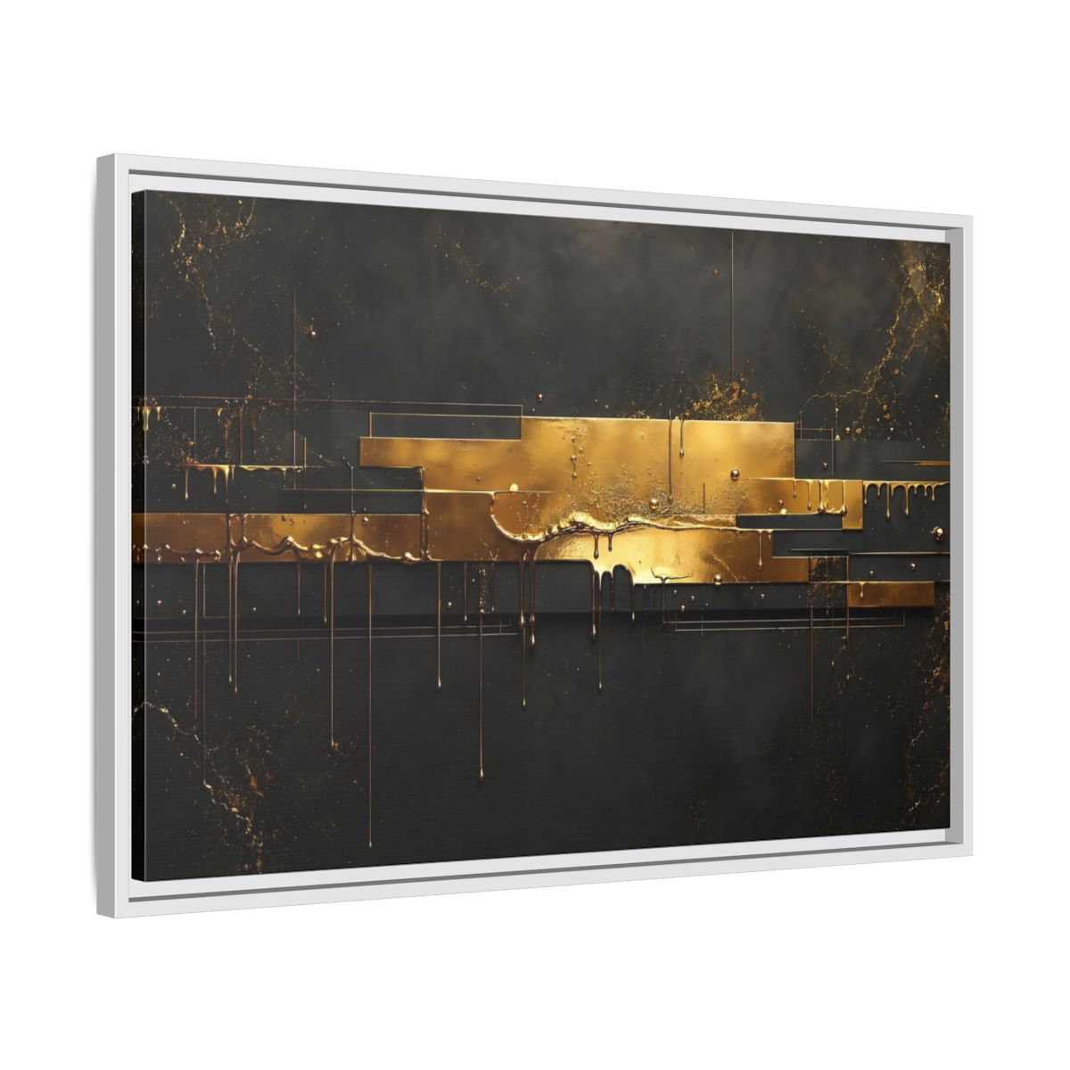 Side Mockup 10. Abstract Gold Drip Black And Gold shown as stretched canvas wall art