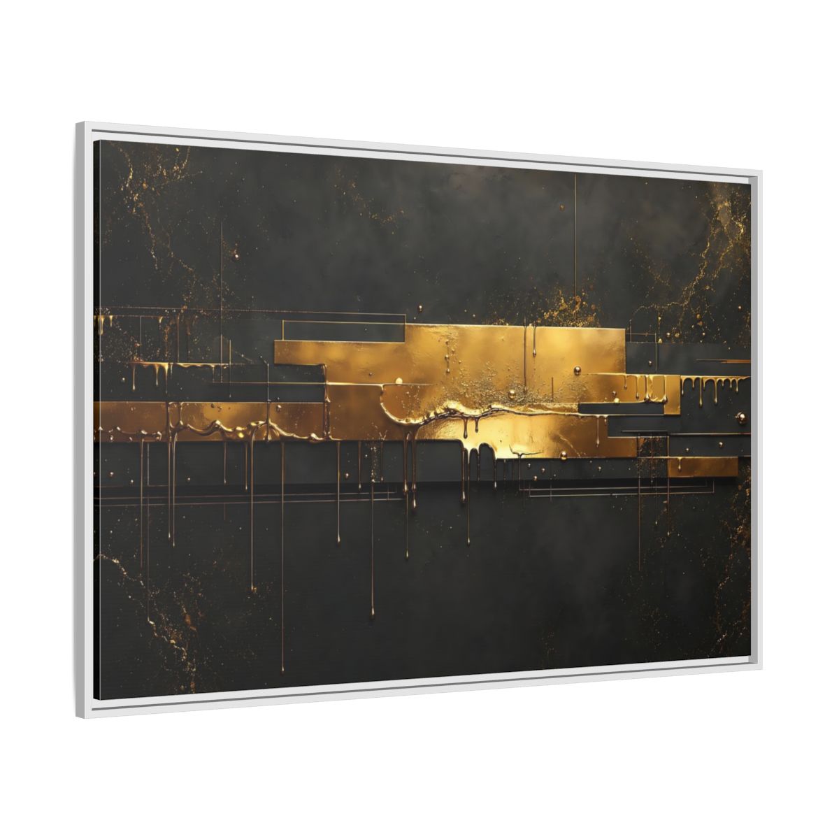 Side Mockup 7. Abstract Gold Drip Black And Gold shown as stretched canvas wall art