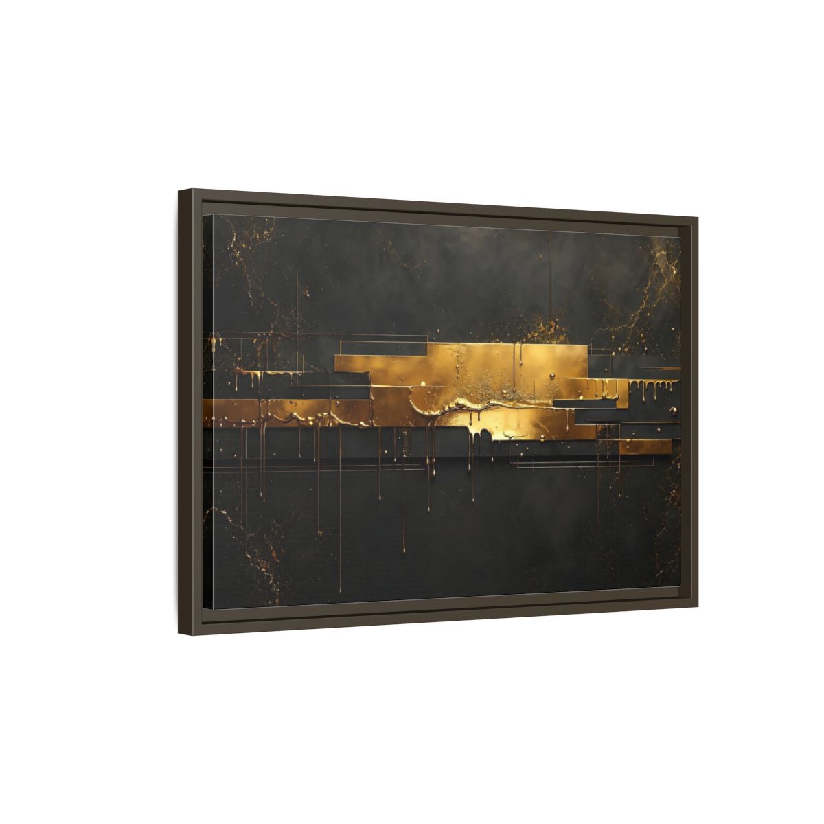 Side Mockup 2. Abstract Gold Drip Black And Gold shown as stretched canvas wall art