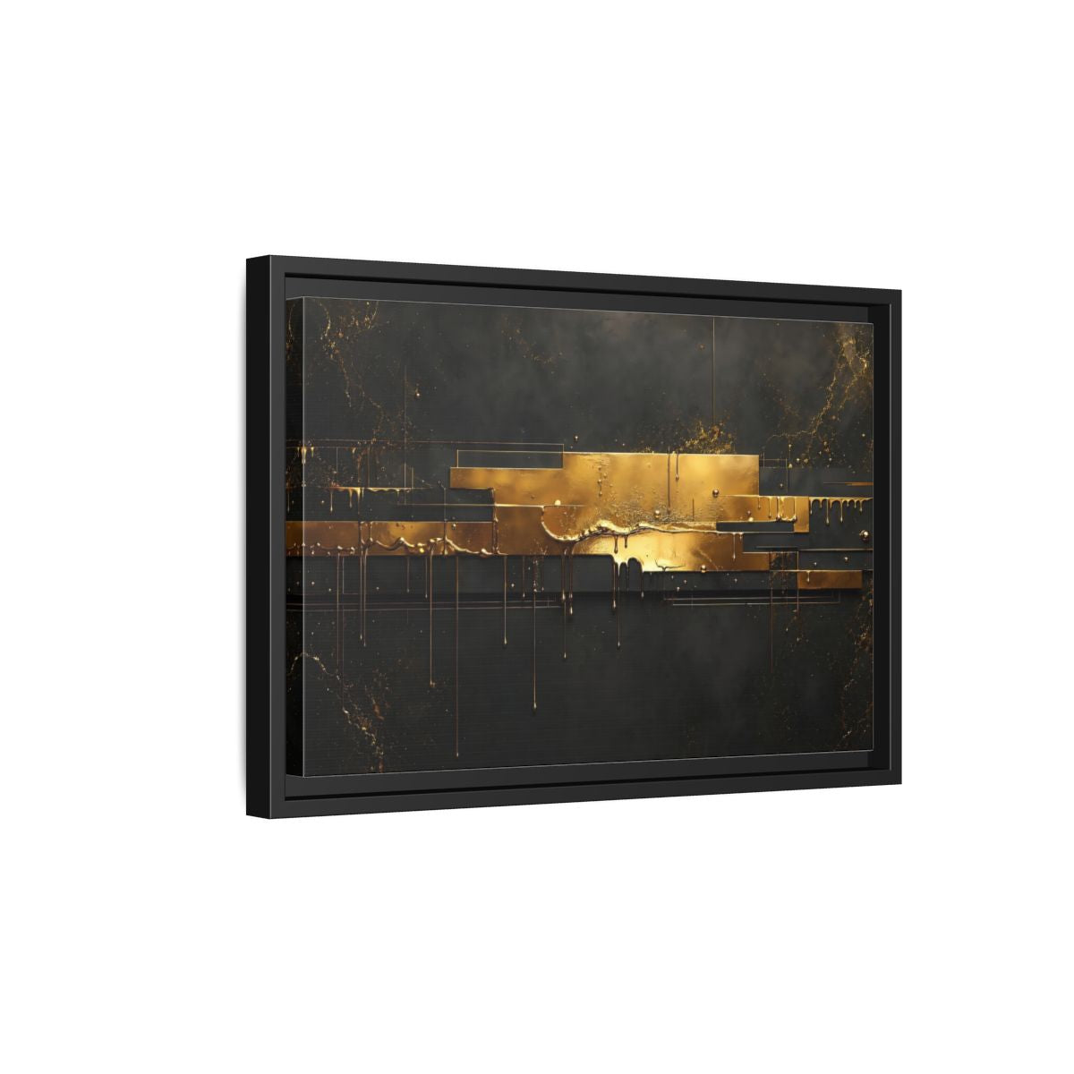 Side Mockup 6. Abstract Gold Drip Black And Gold shown as stretched canvas wall art
