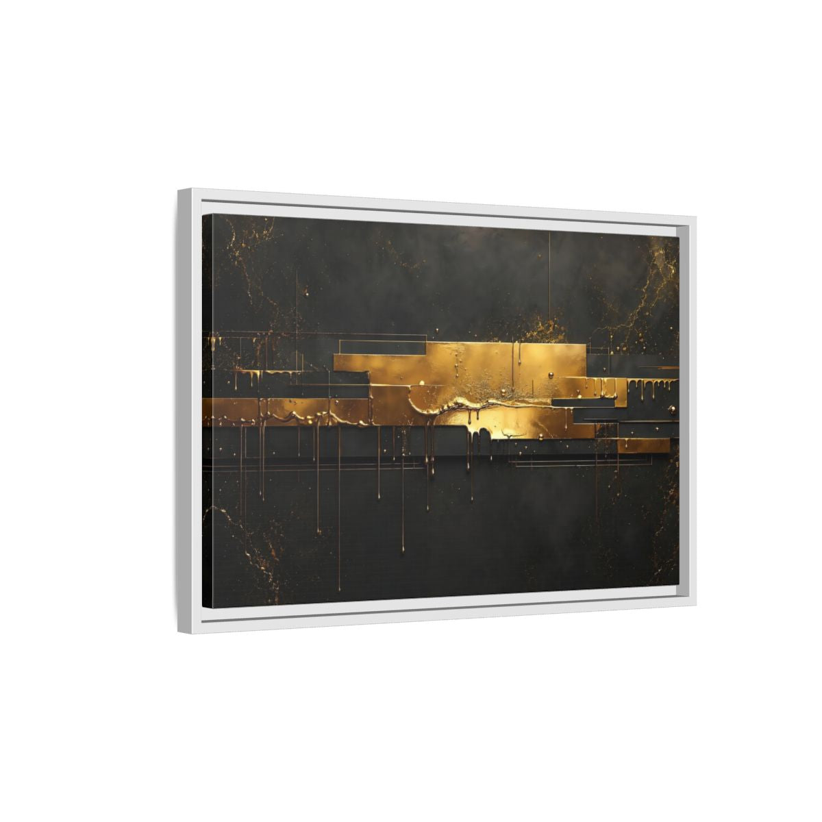 Side Mockup 1. Abstract Gold Drip Black And Gold shown as stretched canvas wall art