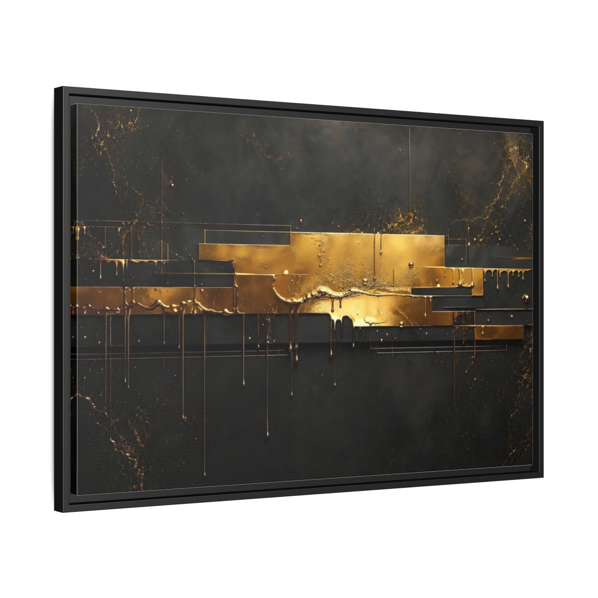 Side Mockup 13. Abstract Gold Drip Black And Gold shown as stretched canvas wall art