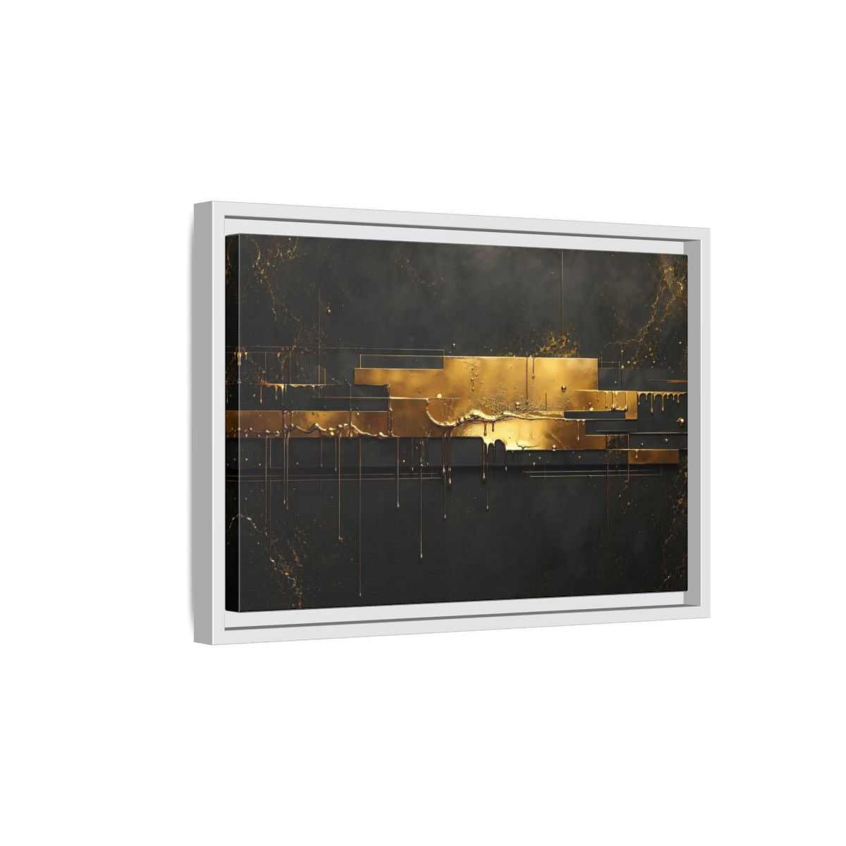 Side Mockup 4. Abstract Gold Drip Black And Gold shown as stretched canvas wall art