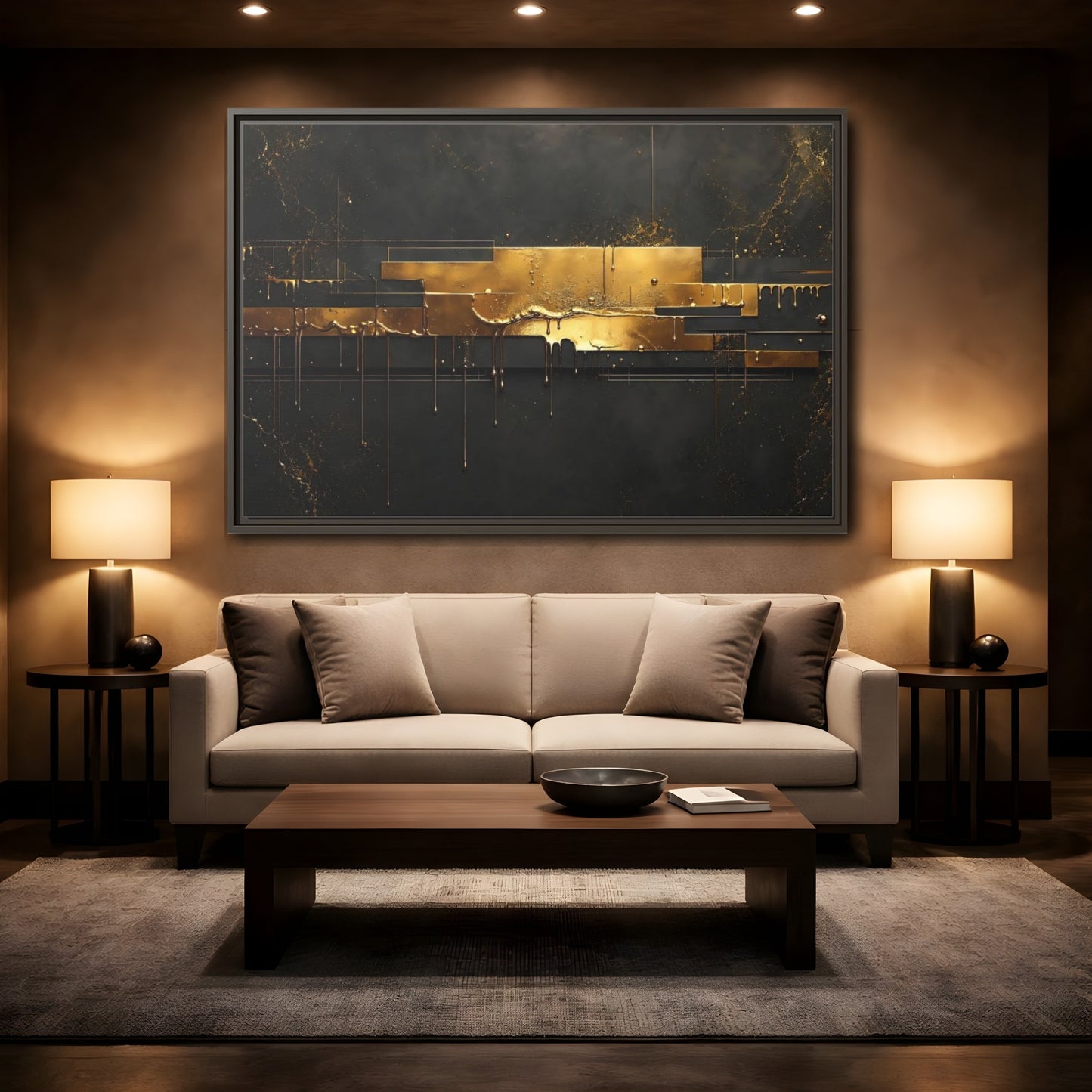 Mockup 2. Abstract Gold Drip Black And Gold shown as stretched canvas wall art